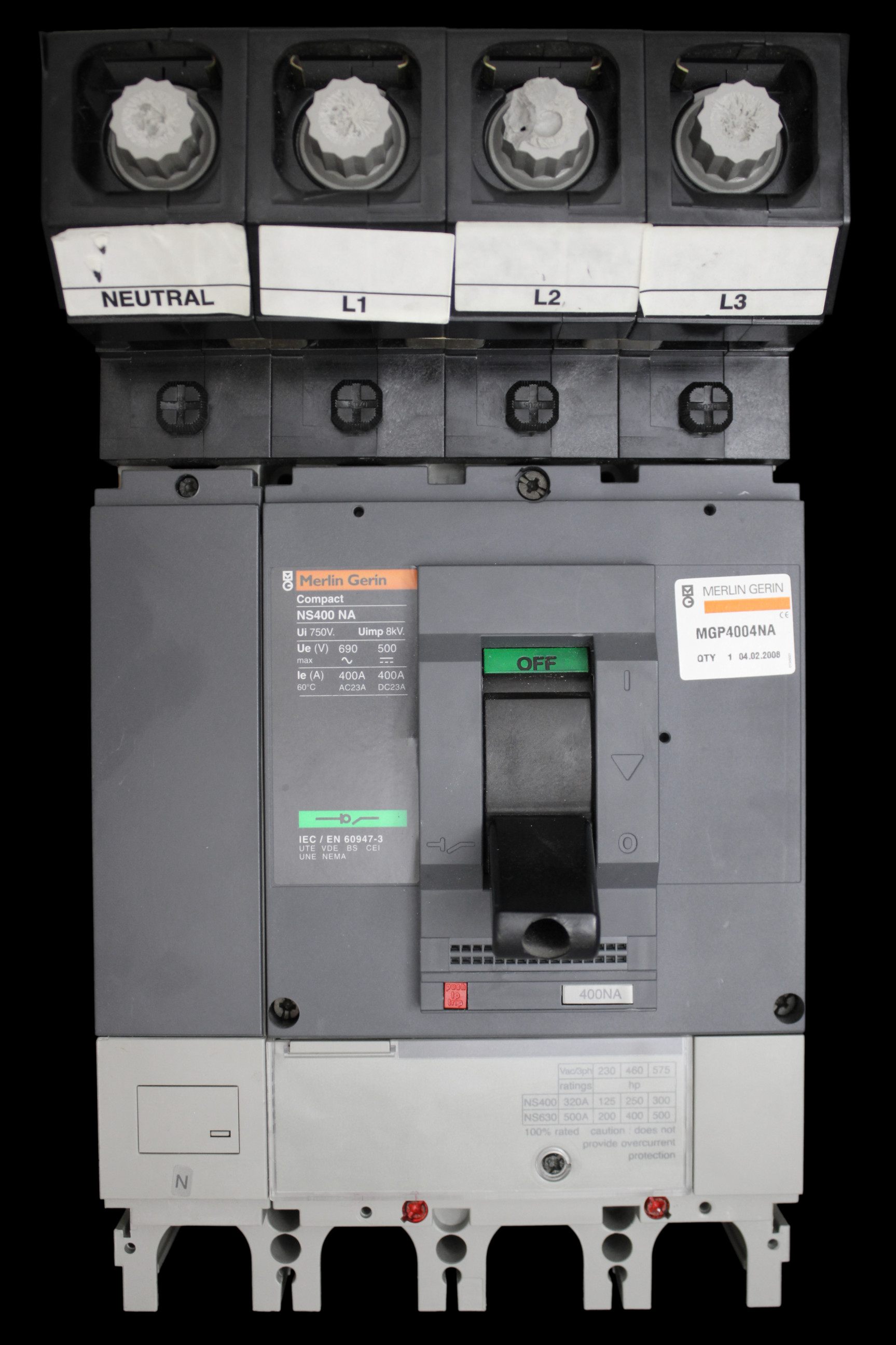 MERLIN GERIN 400 AMP FOUR POLE SWITCH DISCONNECTOR NS400NA MGP4004NA