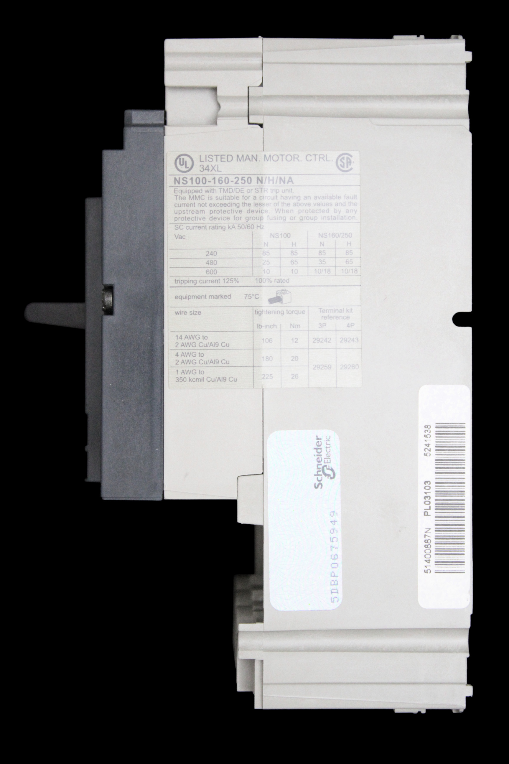 MERLIN GERIN 100 AMP 25kA TRIPLE POLE MCCB WITHOUT TRIP UNIT NS100N 29003