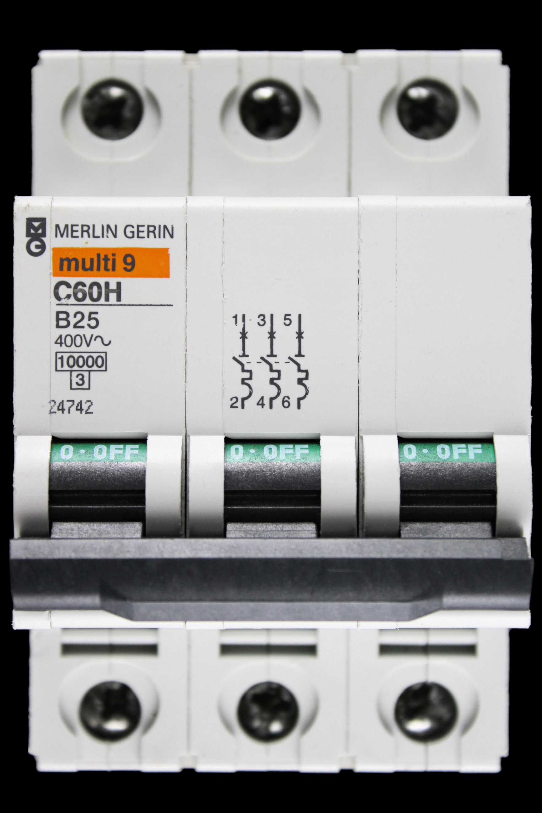 MERLIN GERIN 25 AMP CURVE B 10kA TRIPLE POLE MCB CIRCUIT BREAKER C60H 24742