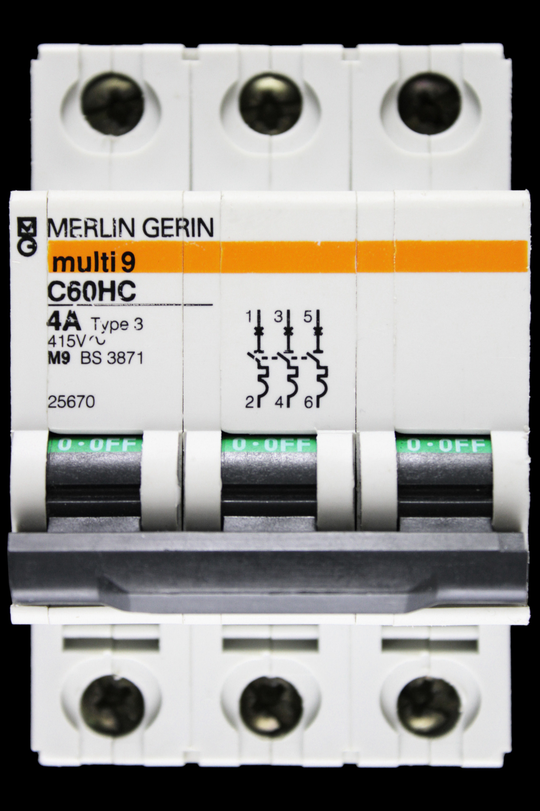 MERLIN GERIN 4 AMP TYPE 3 M9 TRIPLE POLE MCB CIRCUIT BREAKER C60HC 25670 MULTI9