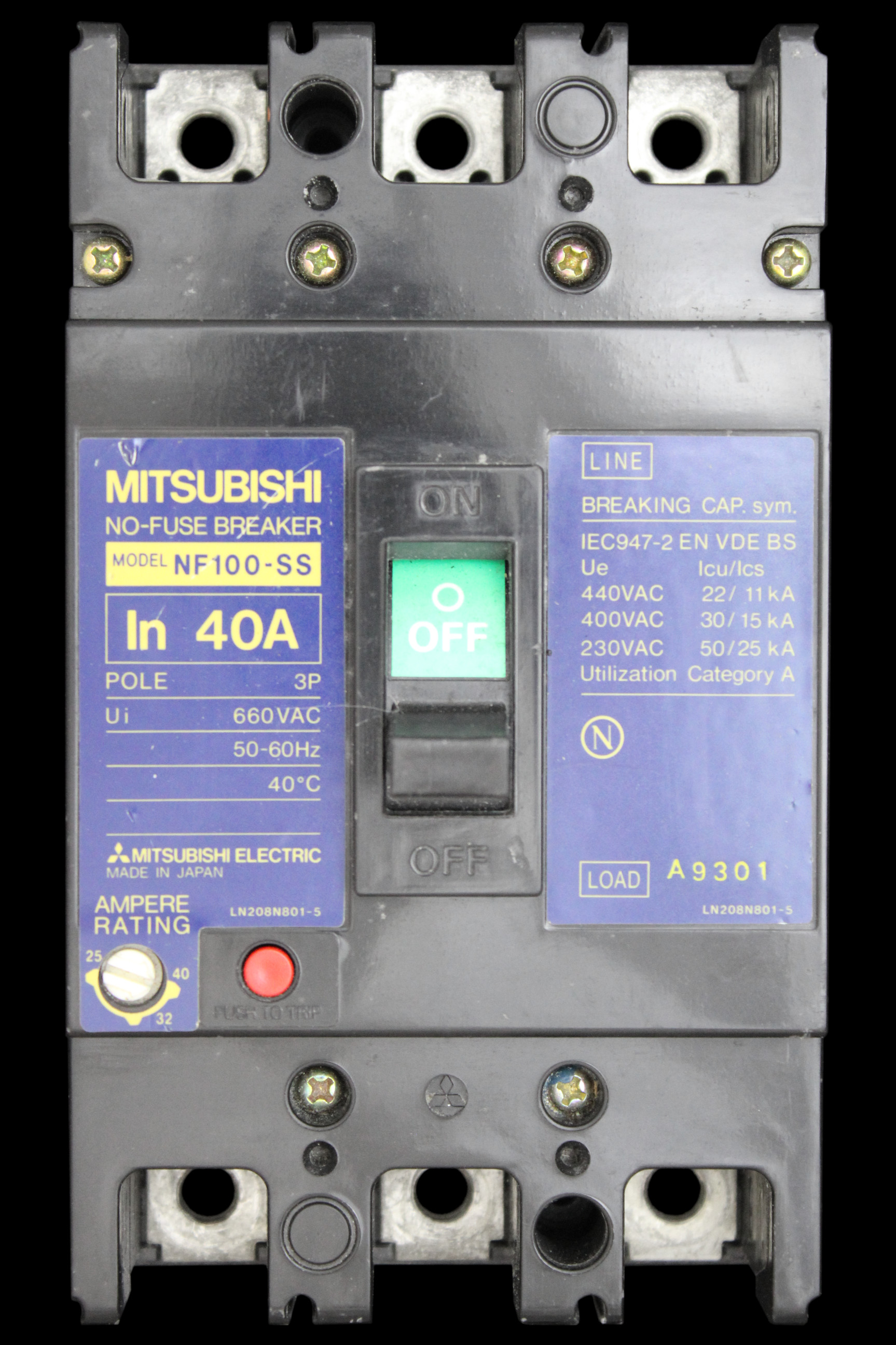 MITSUBISHI 40 MCCB TRIPLE POLE 30kA NO-FUSE BREAKER NF100-SS BS947