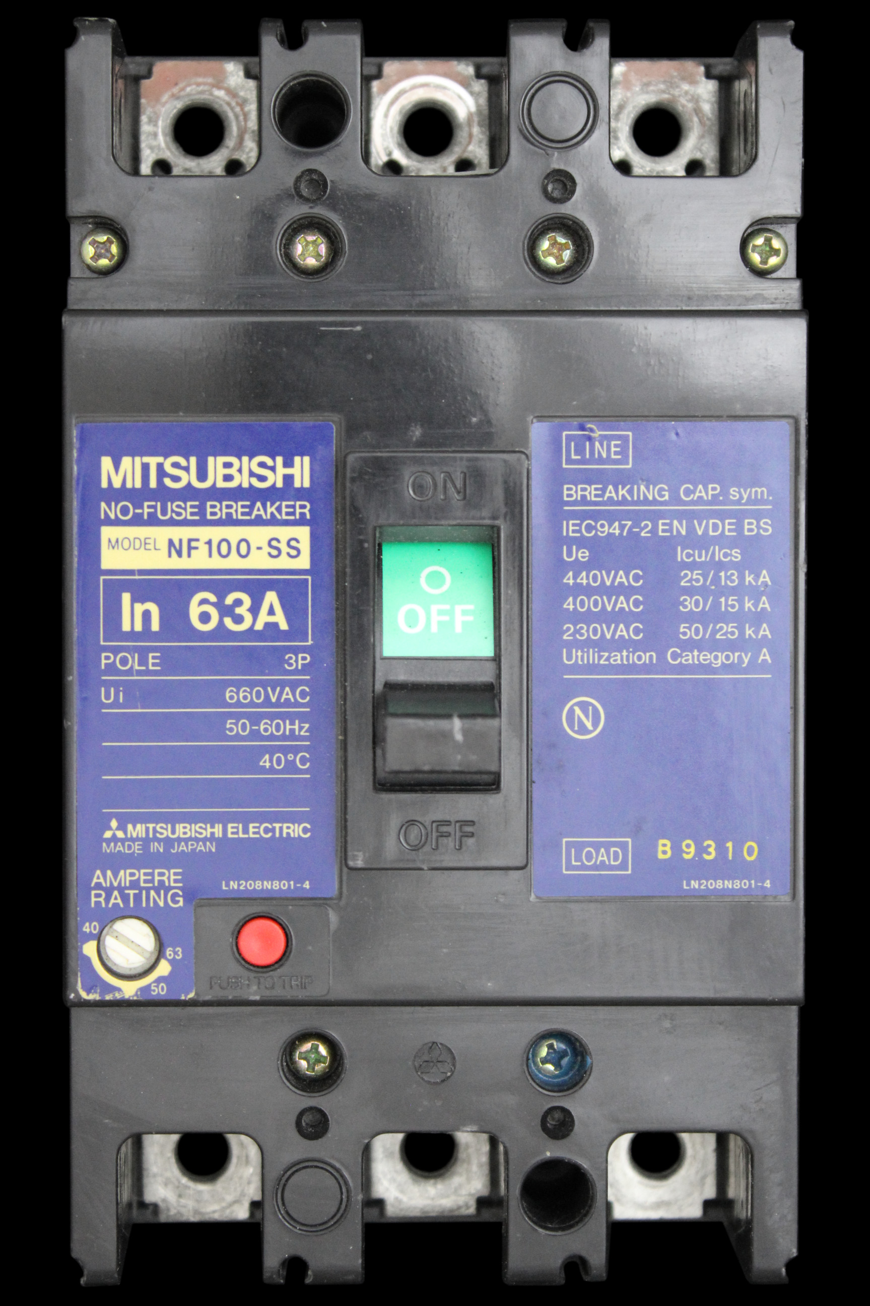 MITSUBISHI 63 MCCB TRIPLE POLE 30kA NO-FUSE BREAKER NF100-SS BS947