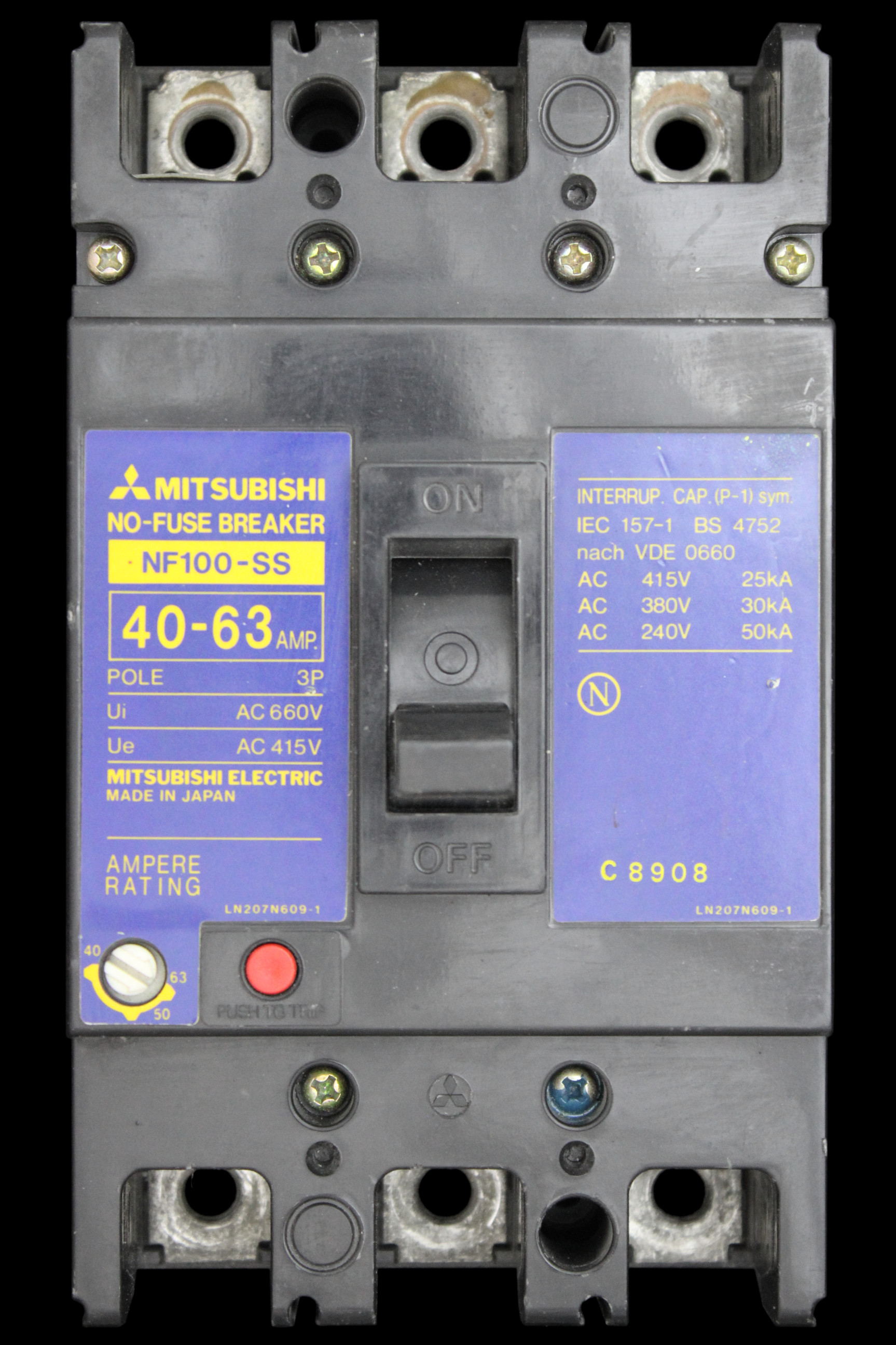 MITSUBISHI 63 MCCB TRIPLE POLE 25kA NO-FUSE BREAKER NF100-SS