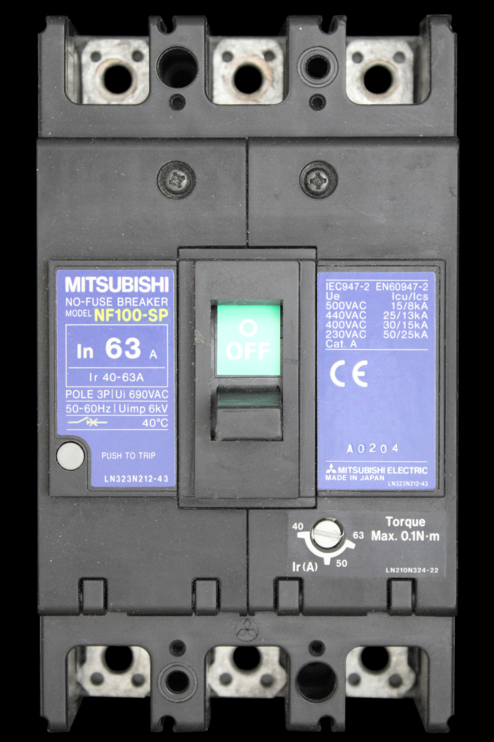 MITSUBISHI 63 MCCB TRIPLE POLE 30kA NO-FUSE BREAKER NF100-SP