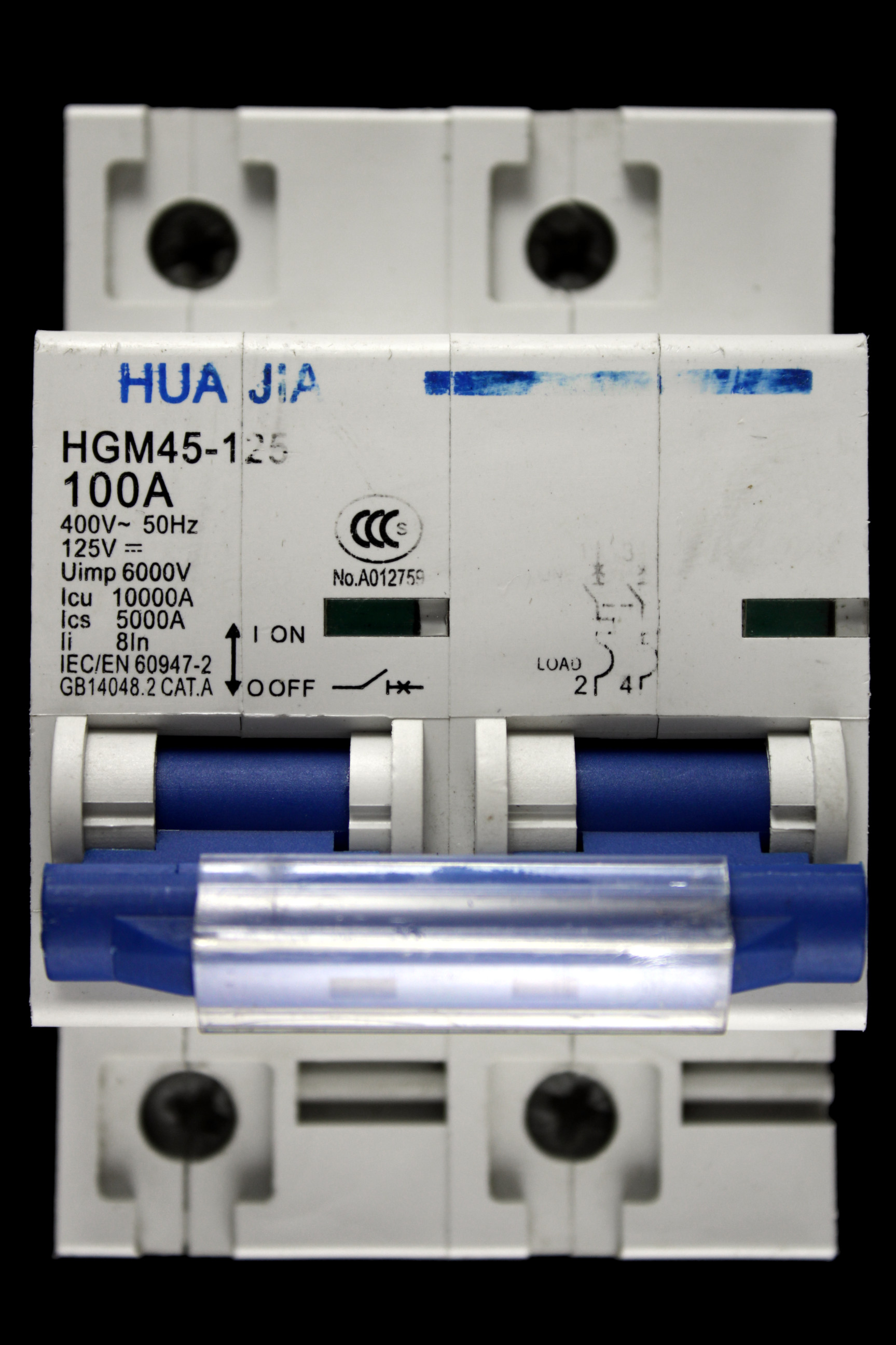 HUA JIA 100 AMP 10kA DOUBLE POLE MCB CIRCUIT BREAKER HGM45-125
