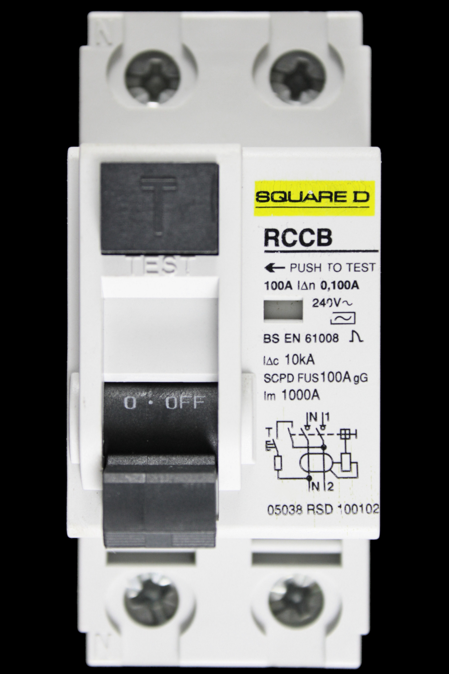 SQUARE D 100 AMP 100mA DOUBLE POLE RCCB TYPE AC 05038 RSD 100102