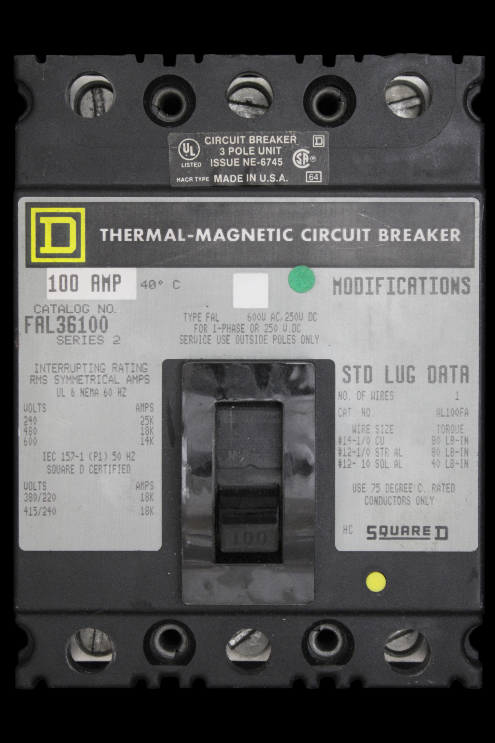 SQUARE D 100 MCCB TRIPLE POLE 18kA FAL36100 SERIES 2