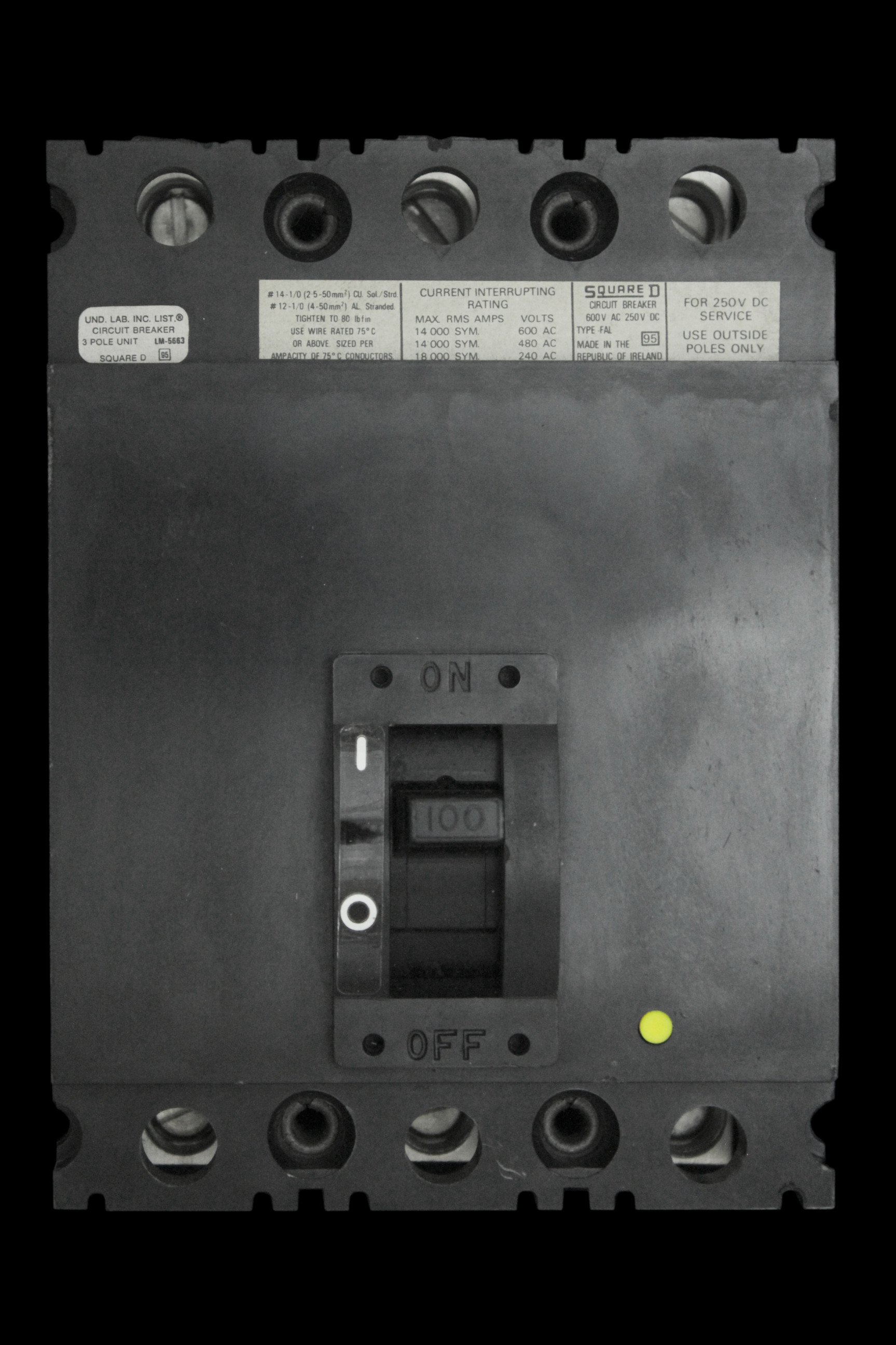 SQUARE D 100 AMP 14kA TRIPLE POLE MCCB FAL36100