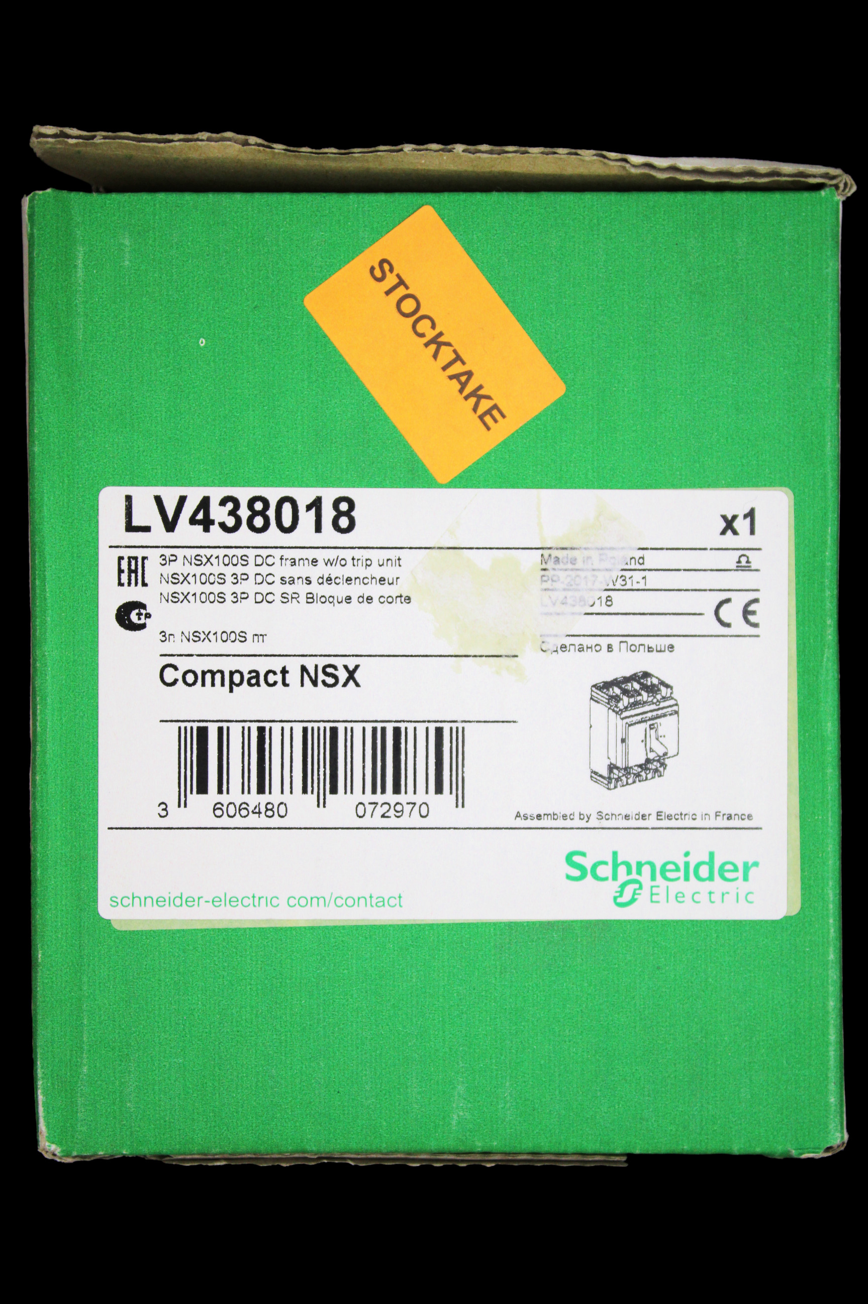 SCHNEIDER 100 AMP 100kA TRIPLE POLE MCCB WITHOUT TRIP UNIT NSX100S DC LV438018