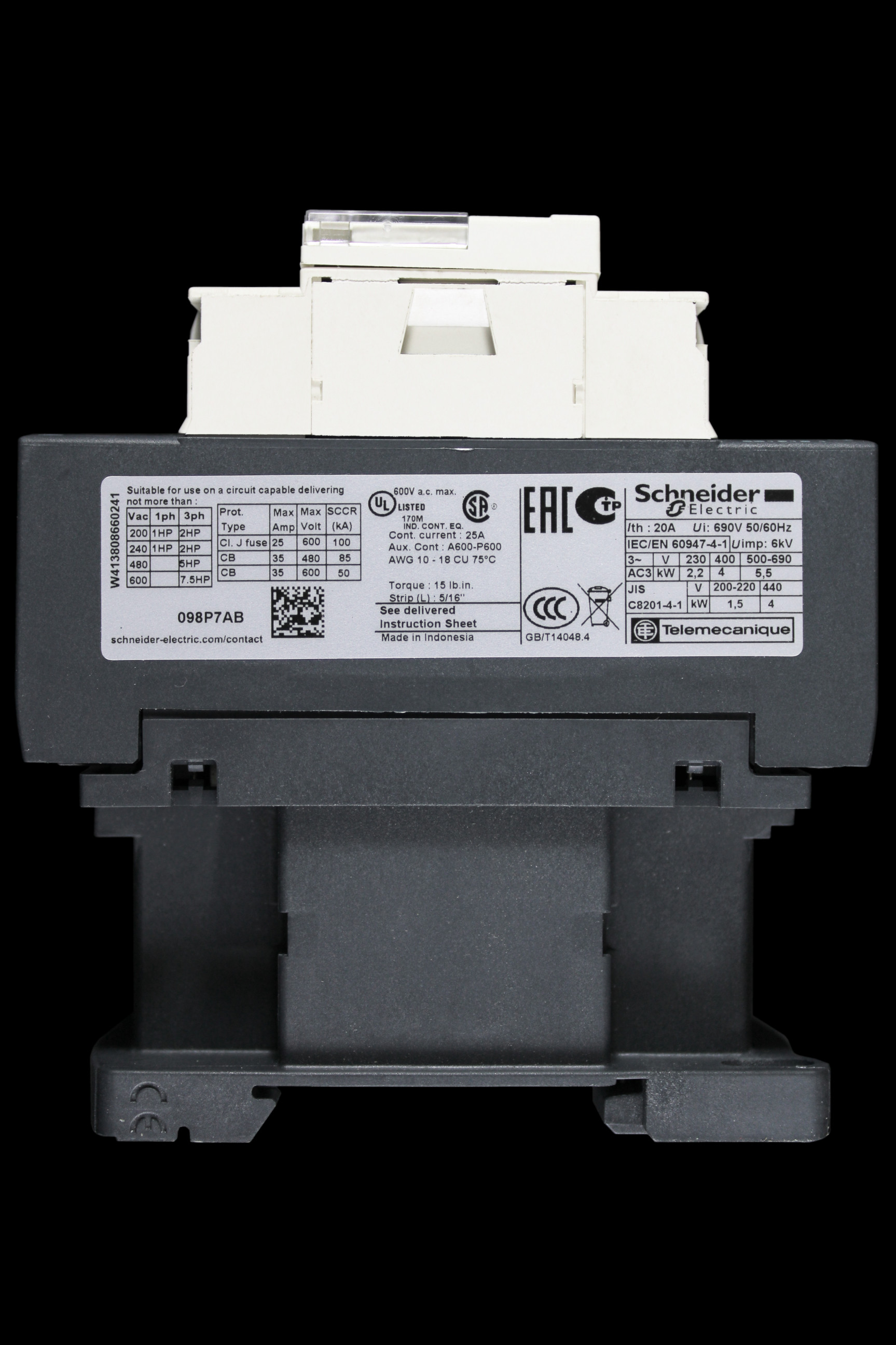 SCHNEIDER 20 AMP FOUR POLE 2 NO 2 NC CONTACTOR 230V COIL LC1D098P7