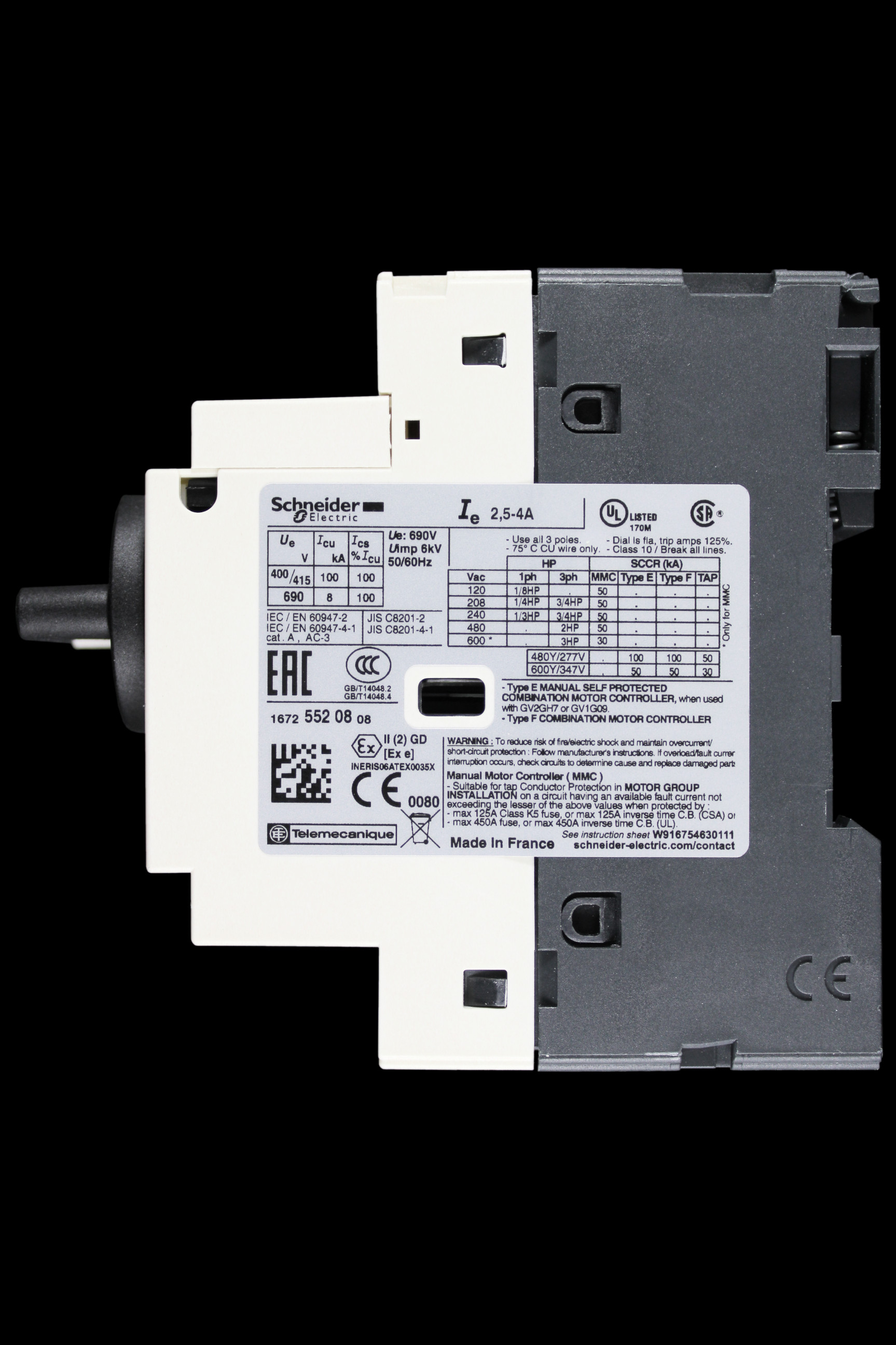 SCHNEIDER 2.5 - 4 AMP TRIPLE POLE MOTOR CIRCUIT BREAKER GV2P08