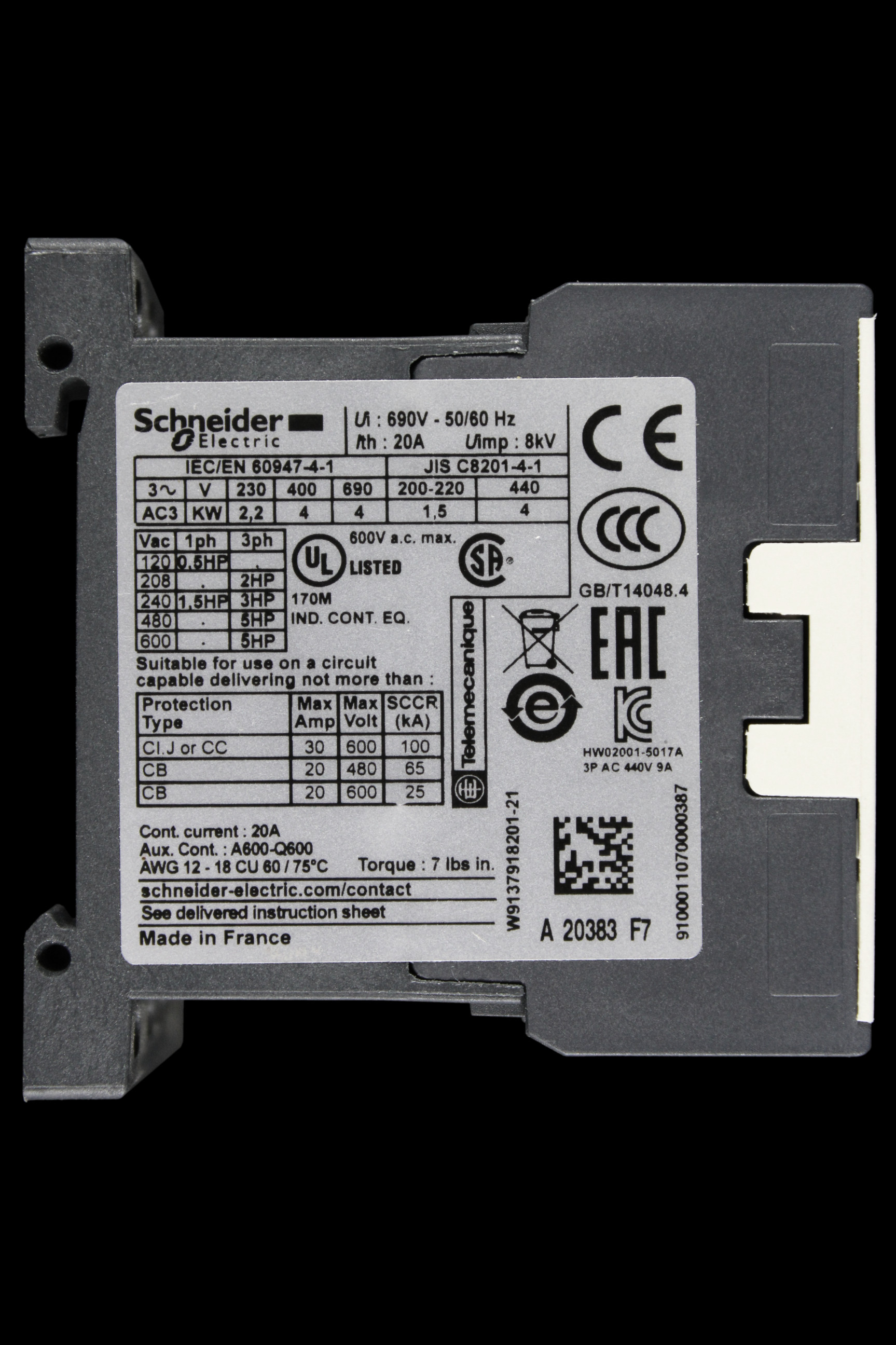 SCHNEIDER 20 AMP TRIPLE POLE + 1 AUX NO CONTACTOR 110V COIL LC1K0910F7