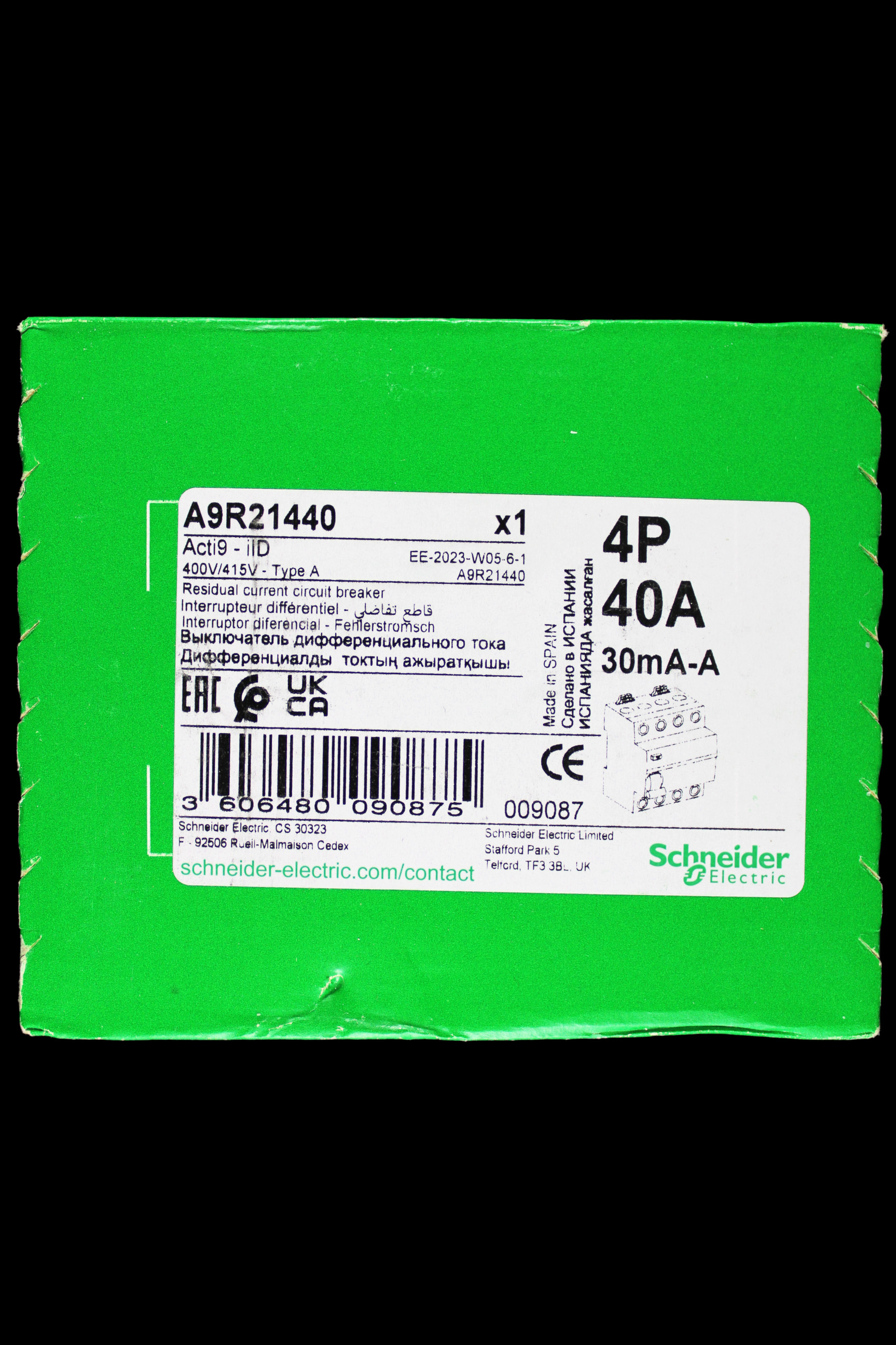 SCHNEIDER 40 AMP 30mA FOUR POLE RCCB RCD TYPE A ILD A9R21440 ACTI9
