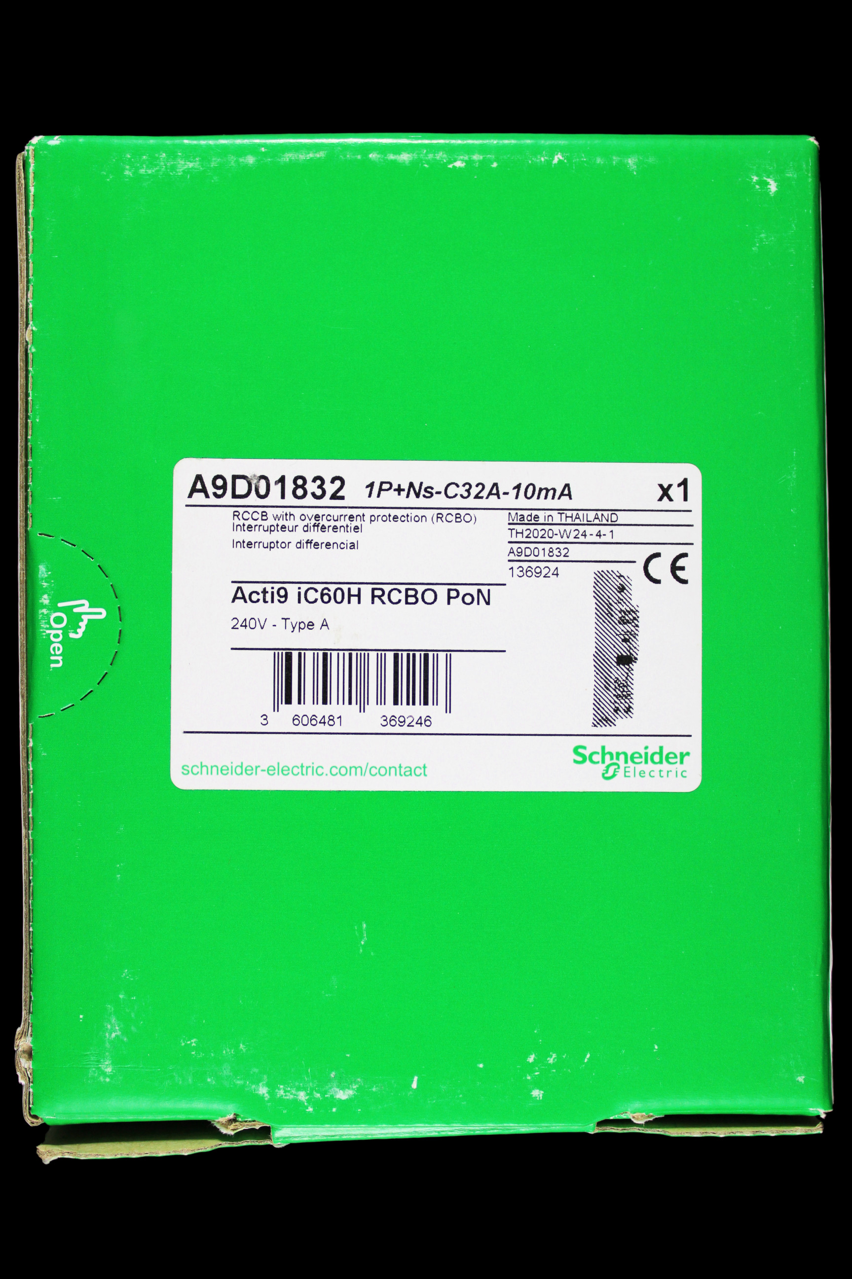 SCHNEIDER 32 AMP CURVE C 10kA 10mA RCBO TYPE A A9D01832 PoN ACTI9 IC60H