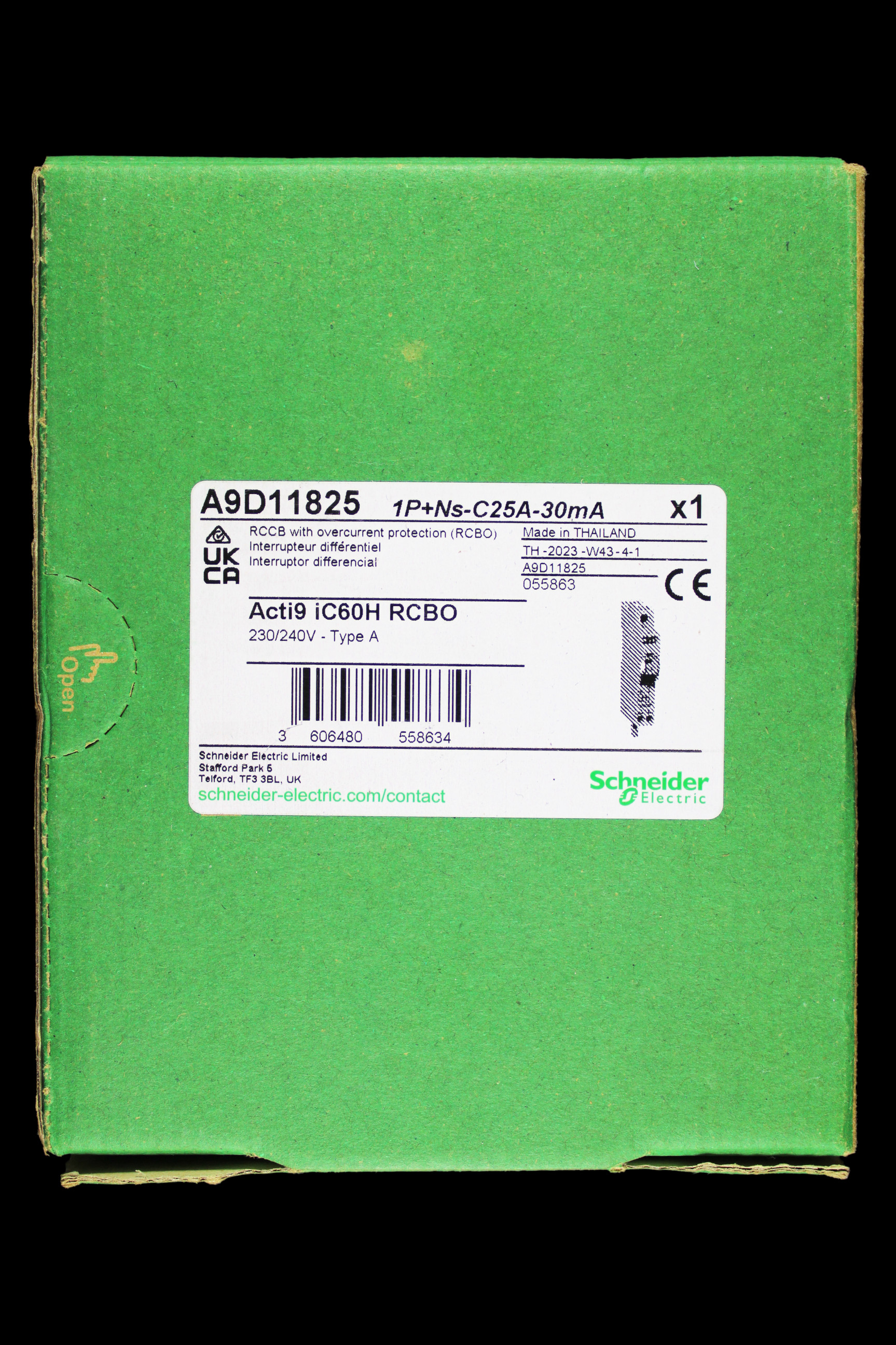 SCHNEIDER 25 AMP CURVE C 10kA 30mA RCBO TYPE A IC60H A9D11825 ACTI9