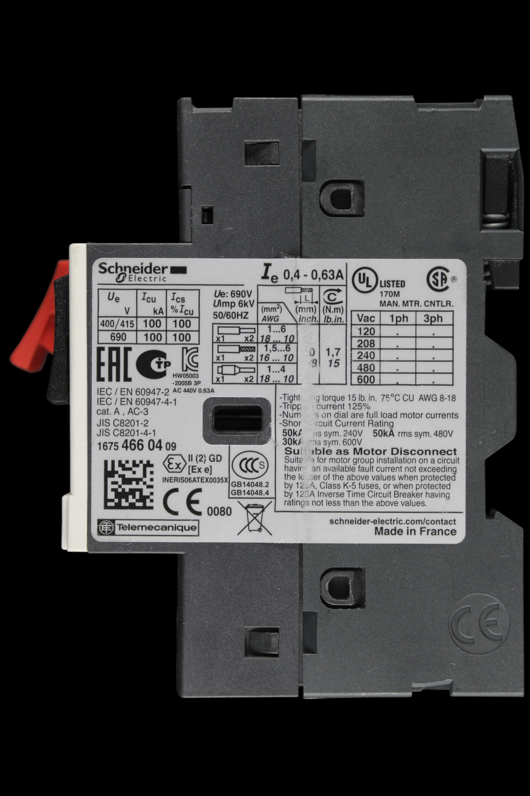 SCHNEIDER 0.40-0.63 AMP MOTOR PROTECTION CIRCUIT BREAKER GV2ME04