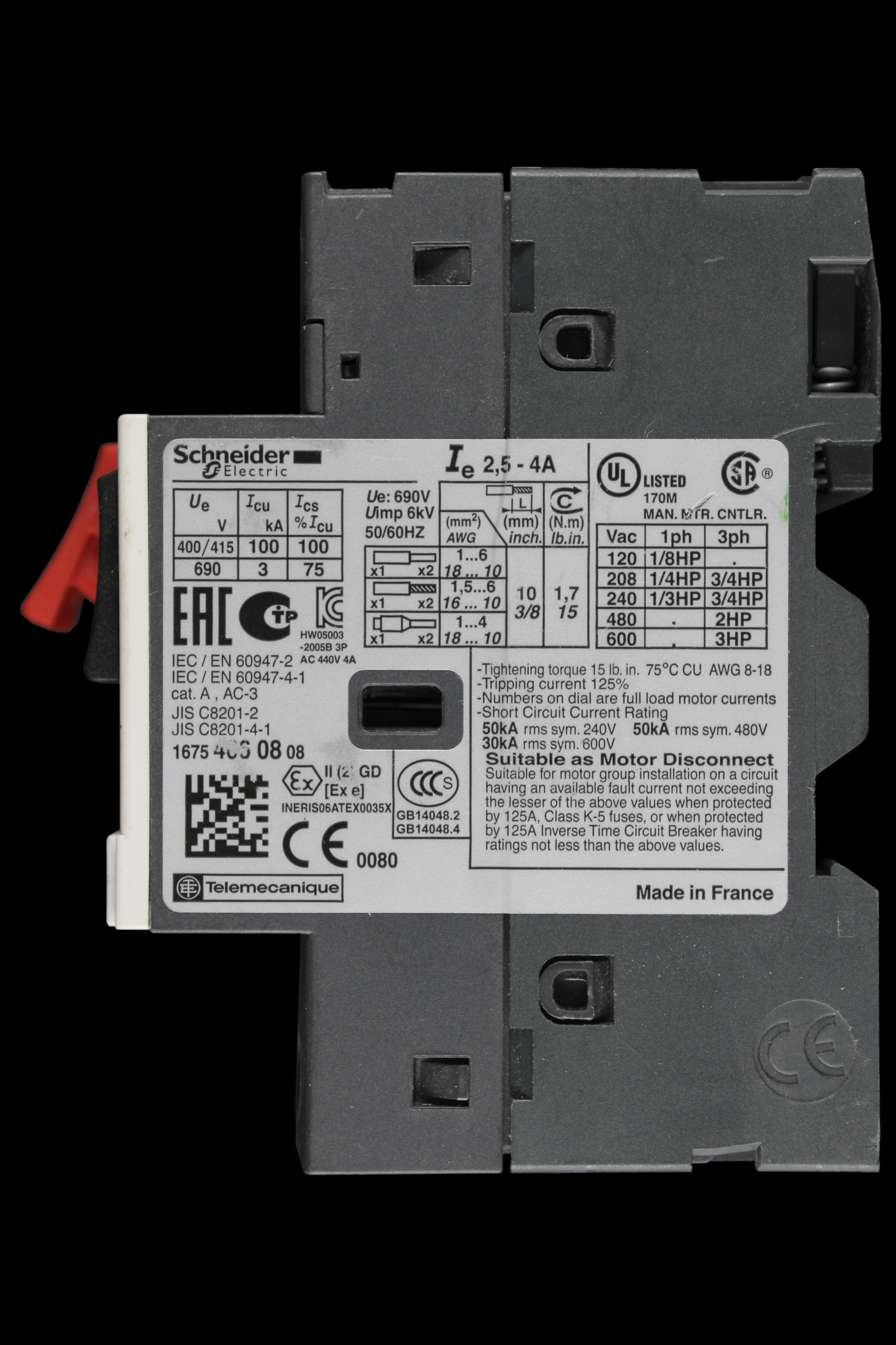 SCHNEIDER 2.5-4 AMP MOTOR PROTECTION CIRCUIT BREAKER GV2ME08
