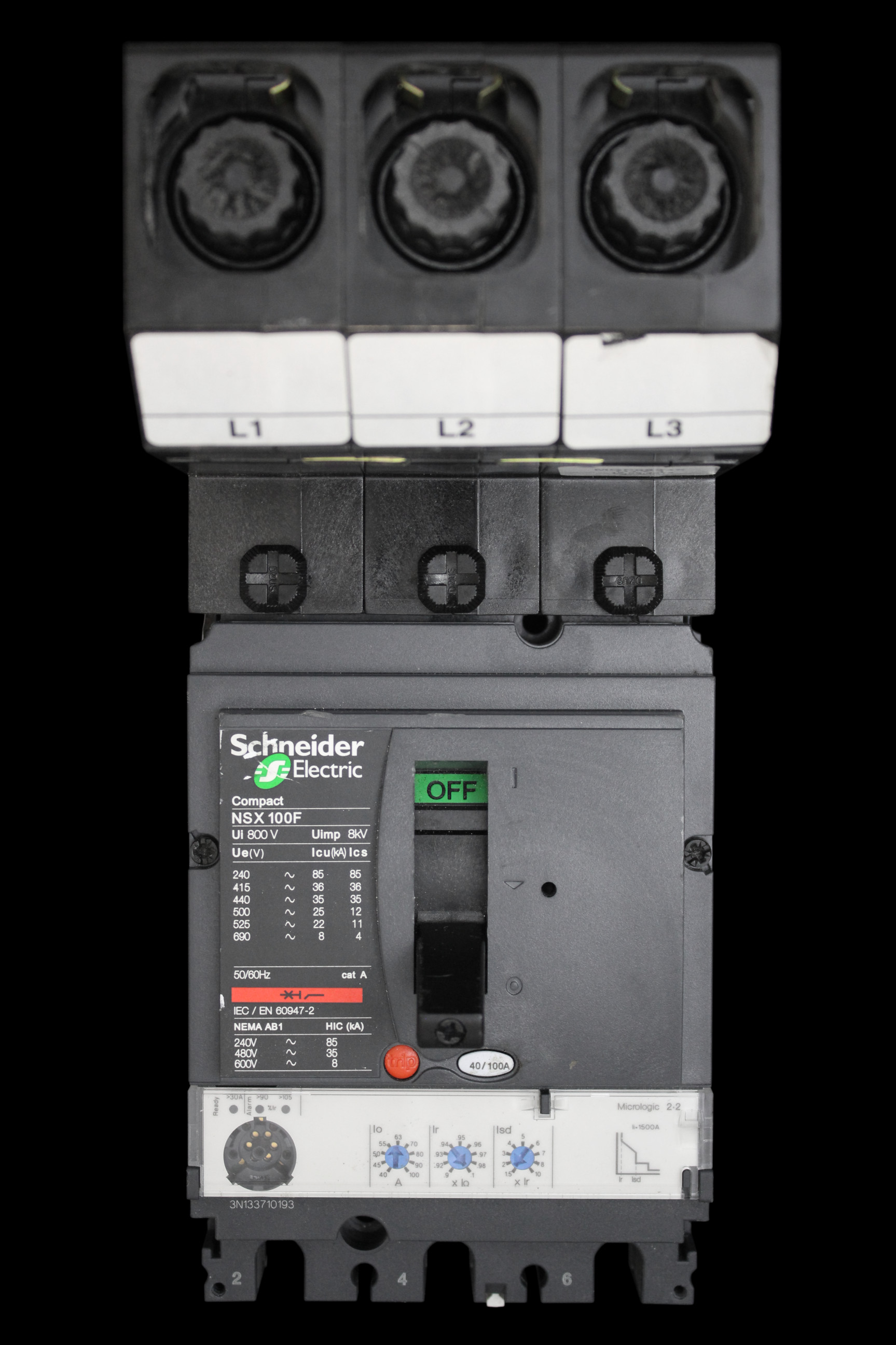 SCHNEIDER 100 AMP 36kA TRIPLE POLE MCCB NSX100F MGP1003X ML2.2