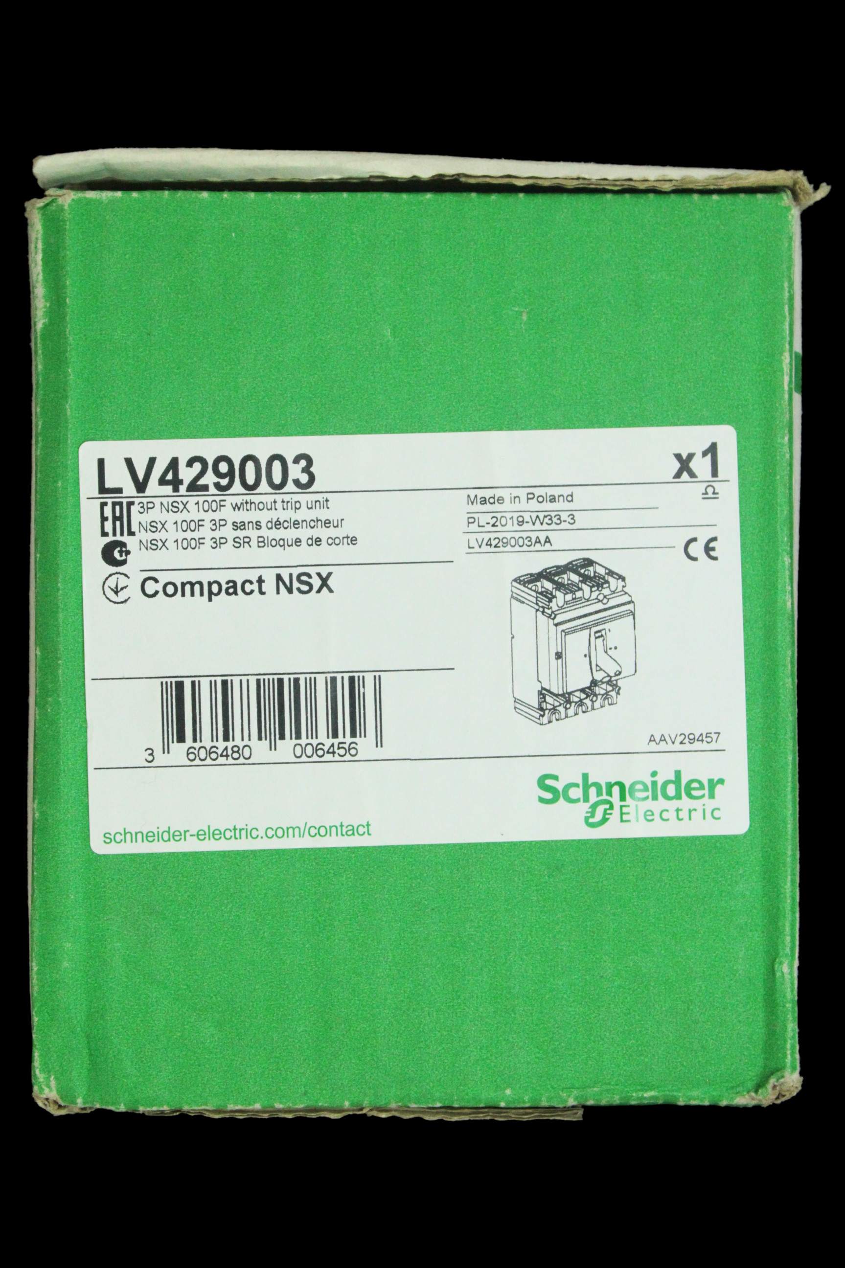 SCHNEIDER 100 AMP 36kA TRIPLE POLE MCCB WITHOUT TRIP UNIT NSX100F LV429003