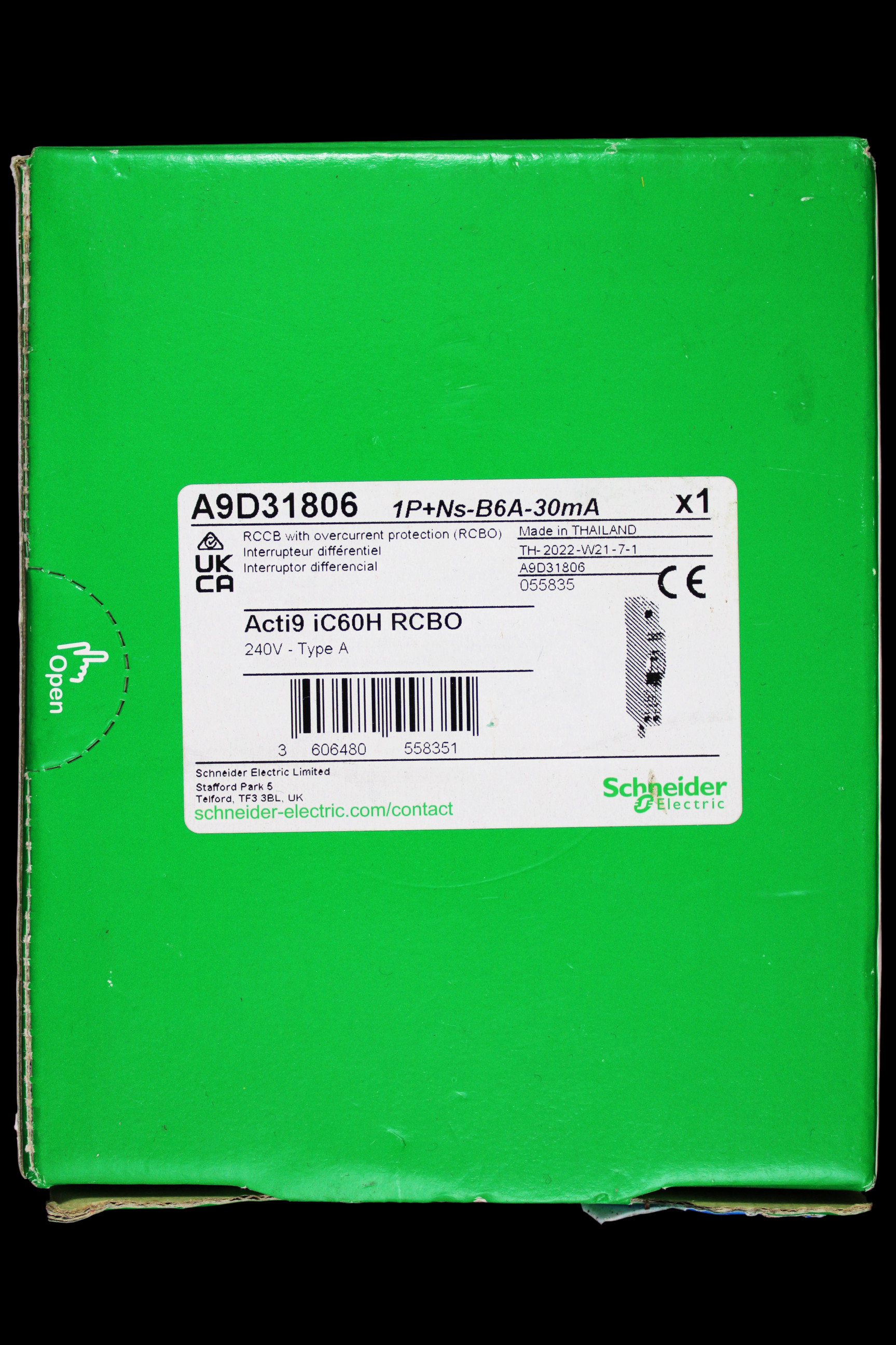 SCHNEIDER 6 AMP CURVE B 10kA 30mA RCBO TYPE A A9D31806 IC60H