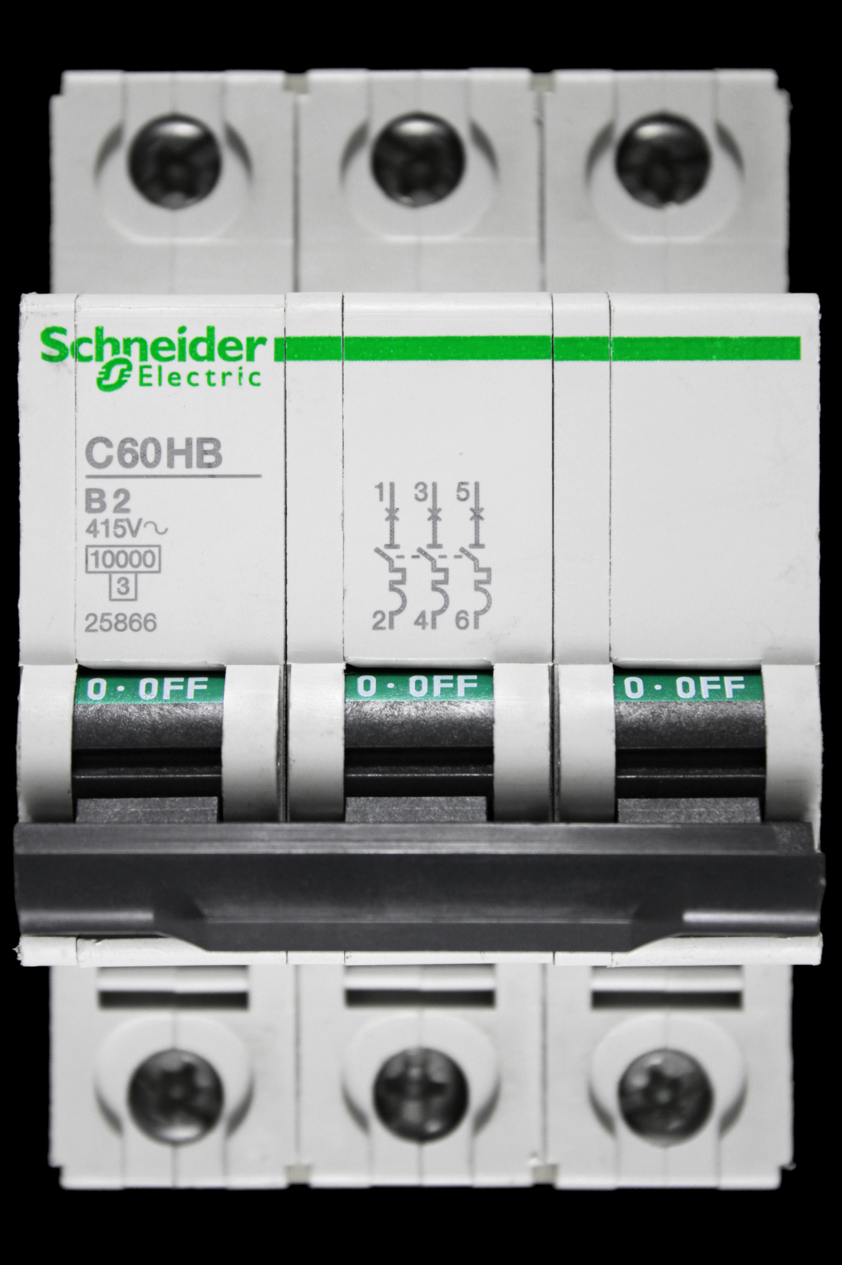 SCHNEIDER 2 AMP CURVE B 10kA TRIPLE POLE MCB CIRCUIT BREAKER C60HB 25866