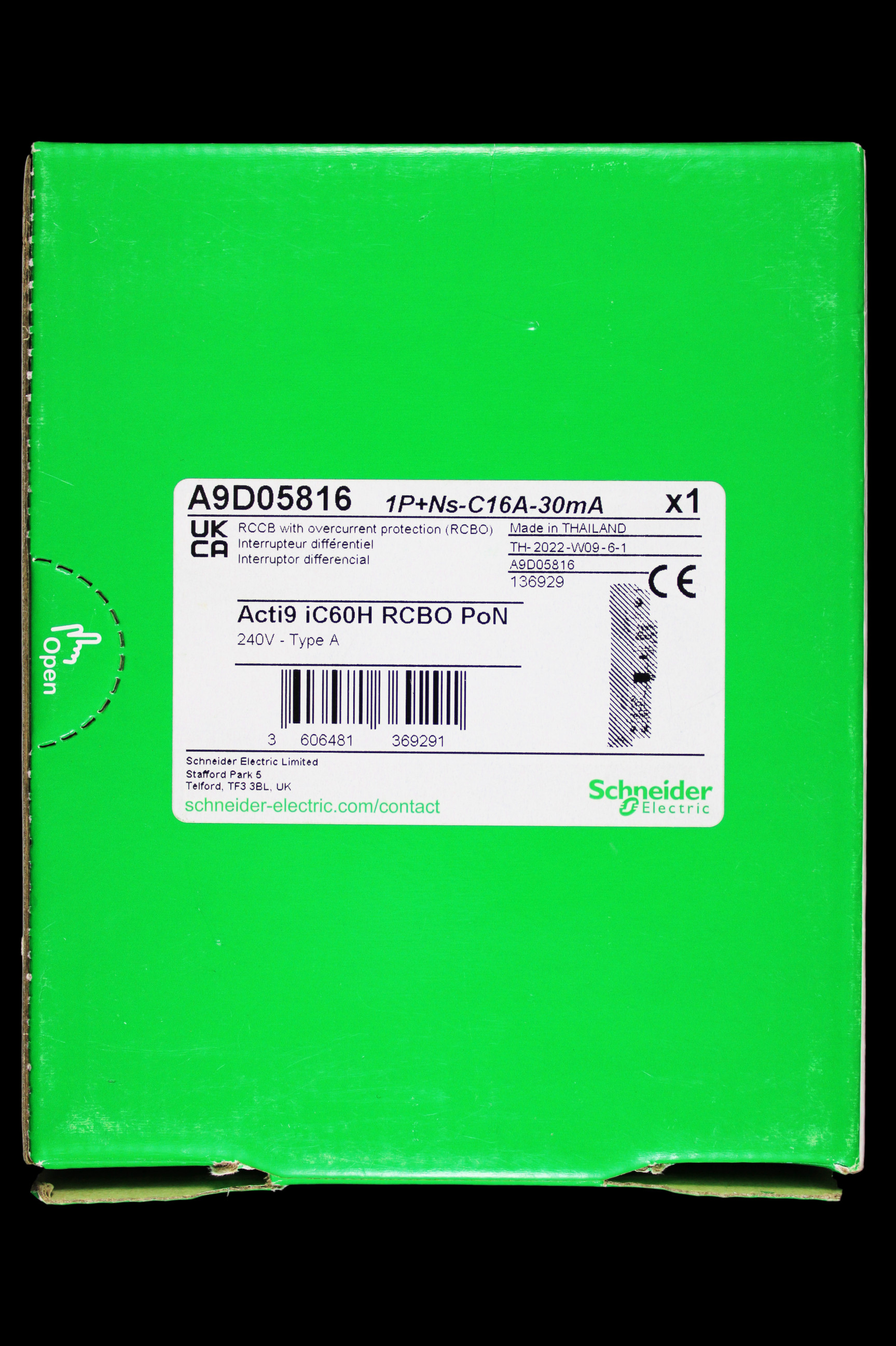 SCHNEIDER 16 AMP CURVE C 10kA 30mA RCBO TYPE A A9D05816 PoN ACTI9 IC60H