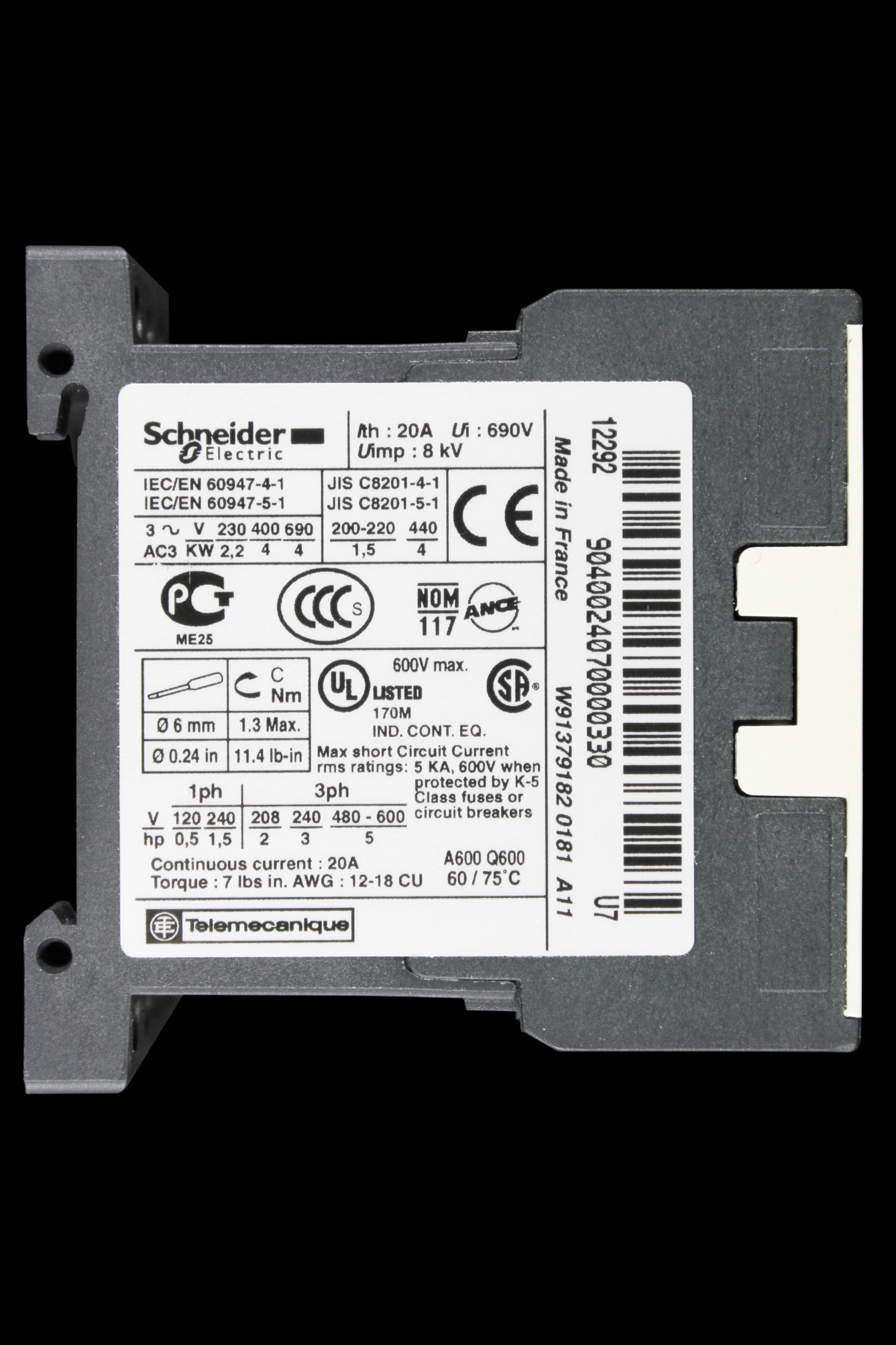 SCHNEIDER 20 AMP FOUR POLE NO CONTACTOR 230/240V COIL LC1K09004U7