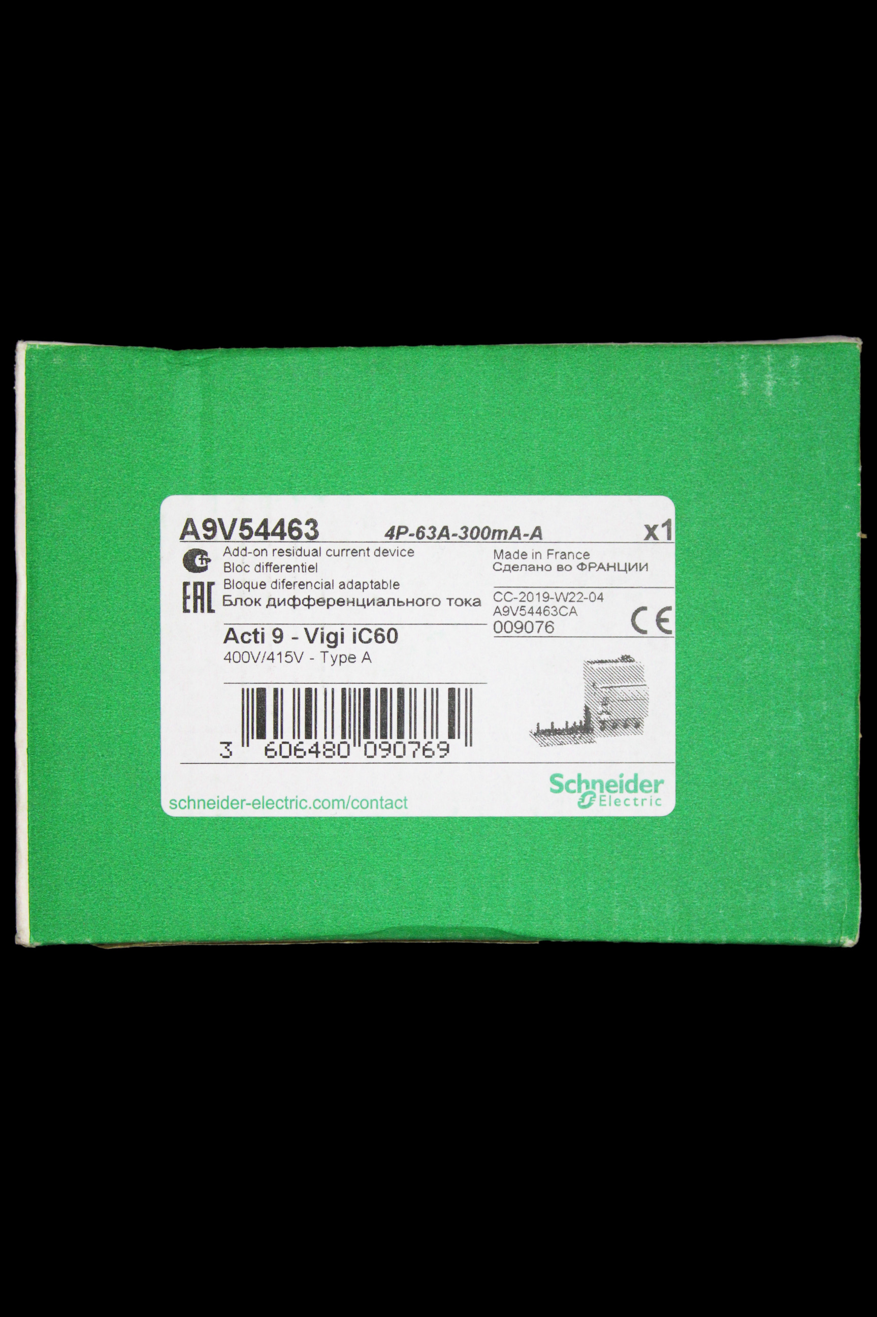 SCHNEIDER 63 AMP 300mA FOUR POLE ADD-ON RCD TYPE A VIGI IC60 A9V54463