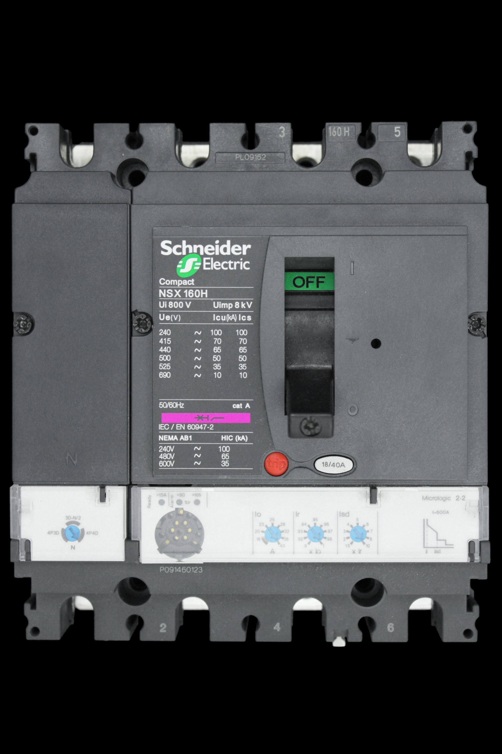 SCHNEIDER 40 AMP 70kA FOUR POLE MCCB NSX160H MICROLOGIC 2.2
