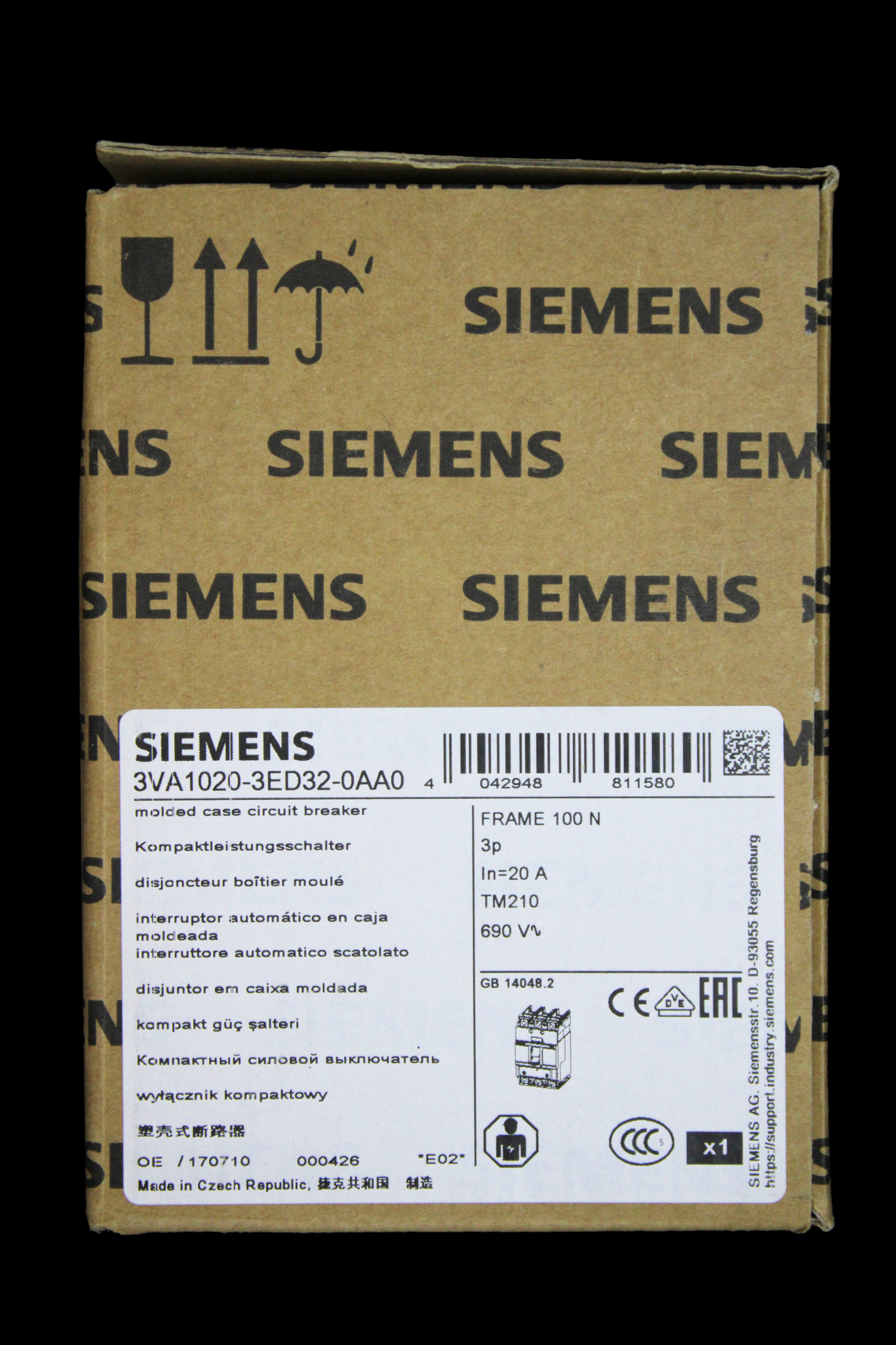 SIEMENS 20 AMP 25kA TRIPLE POLE MCCB TM210 100N 3VA1 3VA1020-3ED32-0AA0