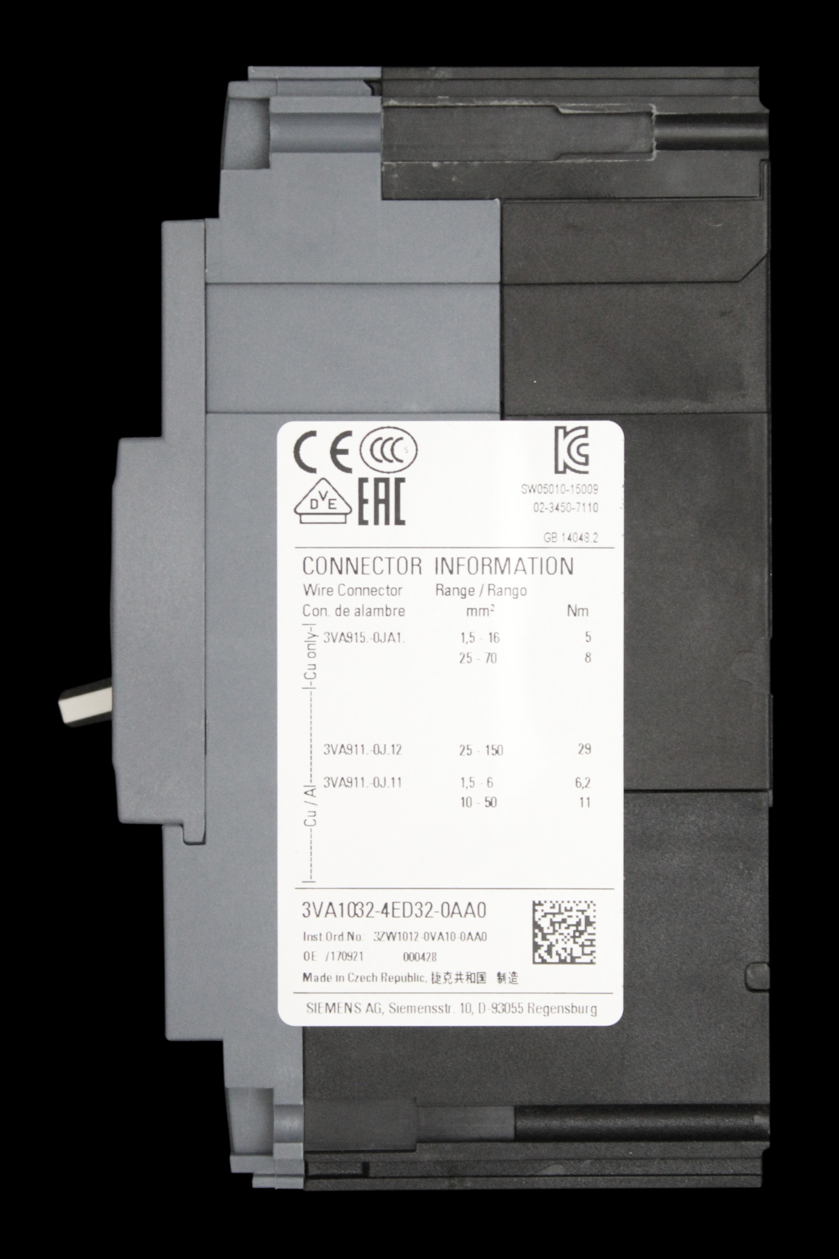 SIEMENS 32 AMP 36kA TRIPLE POLE MCCB TM210 100S 3VA1 3VA1032-4ED32-0AA0