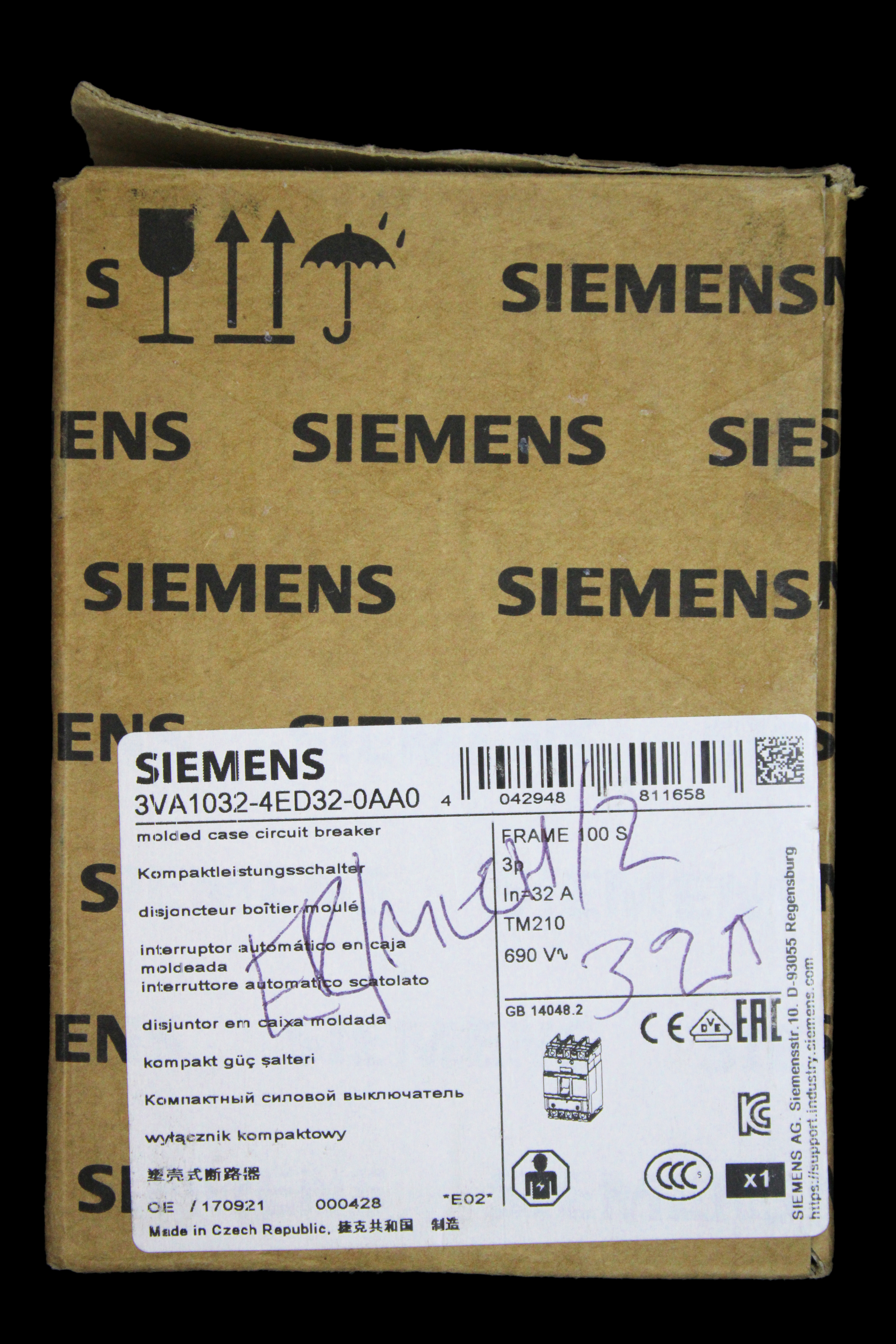 SIEMENS 32 AMP 36kA TRIPLE POLE MCCB TM210 100S 3VA1 3VA1032-4ED32-0AA0