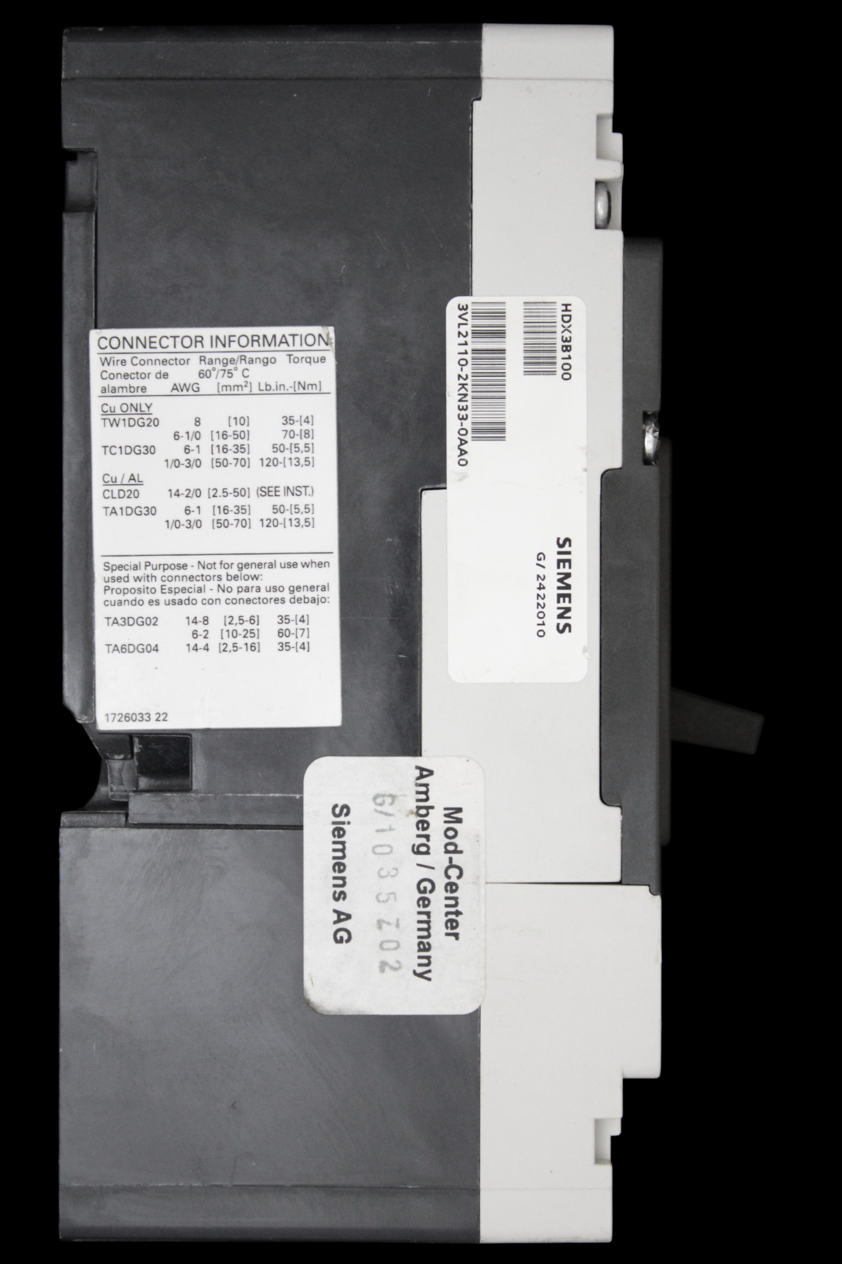 SIEMENS 100 MCCB TRIPLE POLE 70kA 3VL2110-2KN33-0AA0 HDGA