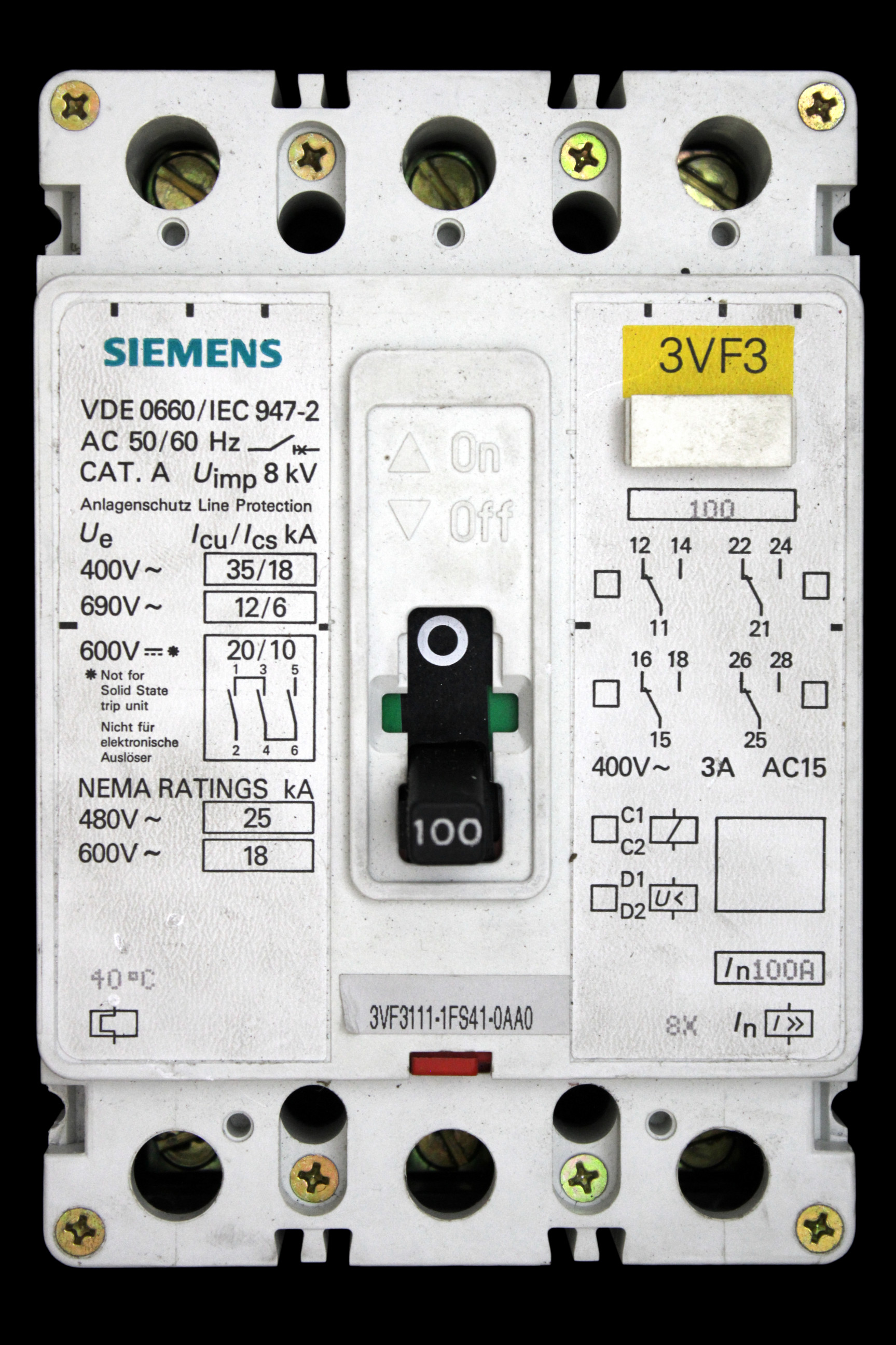 SIEMENS 100 AMP MCCB TRIPLE POLE 35kA 3VF3 3VF3111-1FS41-0AA0