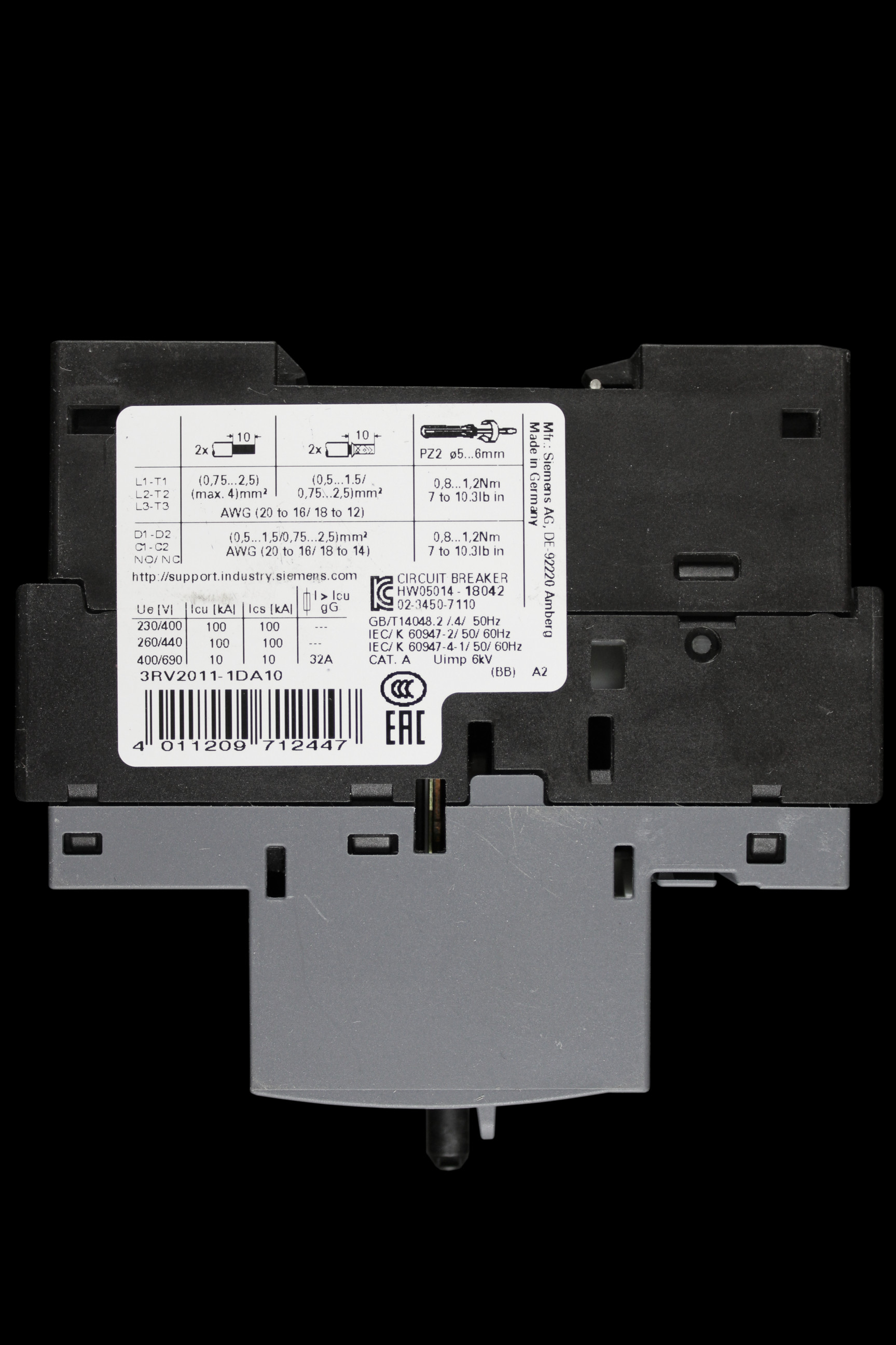SIEMENS 2.2-3.2 AMP MOTOR PROTECTION CIRCUIT BREAKER 3RV2011-1DA10