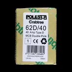 CRABTREE 40 AMP CURVE D 10kA DOUBLE POLE MCB CIRCUIT BREAKER POLESTAR 62D/40