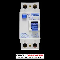 PROTEUS 63 AMP 30mA DOUBLE POLE RCD TYPE AC 63/2/30T BLUE
