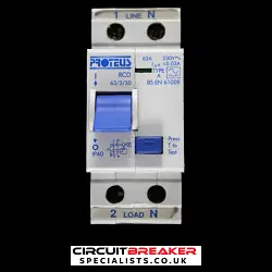 PROTEUS 63 AMP 30mA DOUBLE POLE RCD TYPE A 63/2/30 BLUE