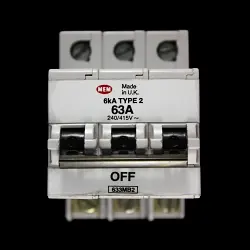 MEM 63 AMP TYPE 2 6kA TRIPLE POLE MCB CIRCUIT BREAKER 633MB2