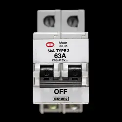 MEM 63 AMP TYPE 2 6kA DOUBLE POLE MCB CIRCUIT BREAKER 632MB2