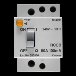 CRABTREE 80 AMP 100mA DOUBLE POLE RCCB RCD 380/100