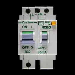 CRABTREE B 32 RCBO DOUBLE POLE 10kA 30mA TYPE A POLESTAR