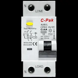 C-PAK C 16 RCBO DOUBLE POLE 6kA 30mA TYPE AC AUB1L CPRO 16/2C
