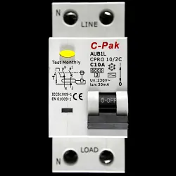 C-PAK C 10 RCBO DOUBLE POLE 6kA 30mA TYPE AC AUB1L CPRO 10/2C
