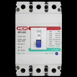 MEM 20 AMP 25kA TRIPLE POLE MCCB MFL203