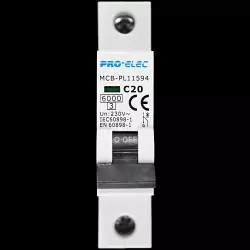PRO-ELEC 20 AMP CURVE C 6kA MCB CIRCUIT BREAKER PL11594