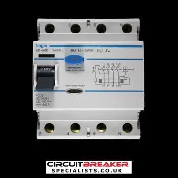 HAGER 40 AMP 30mA FOUR POLE RCCB RCD TYPE AC CD440U 164504