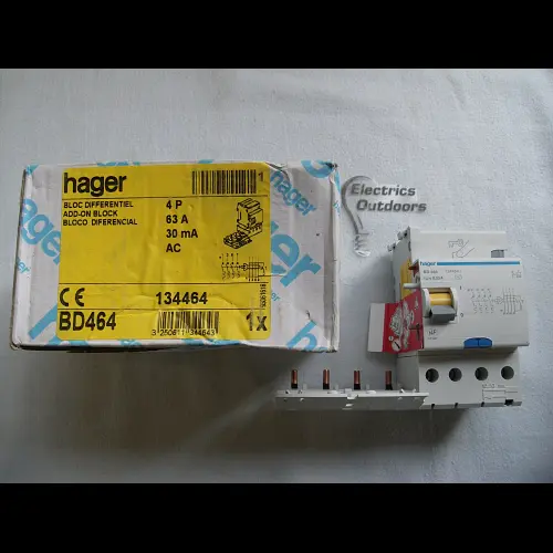 HAGER 63 AMP 30mA FOUR POLE ADD ON RCCB 230/400V BD464 134464
