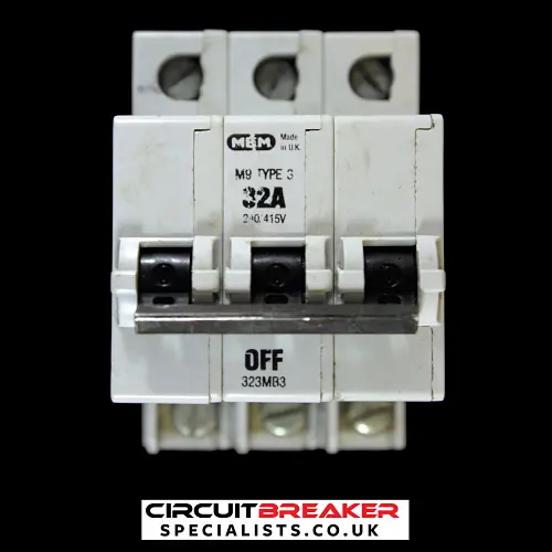 MEM 32 AMP TYPE 3 M9 TRIPLE POLE MCB CIRCUIT BREAKER 323MB3 GREY