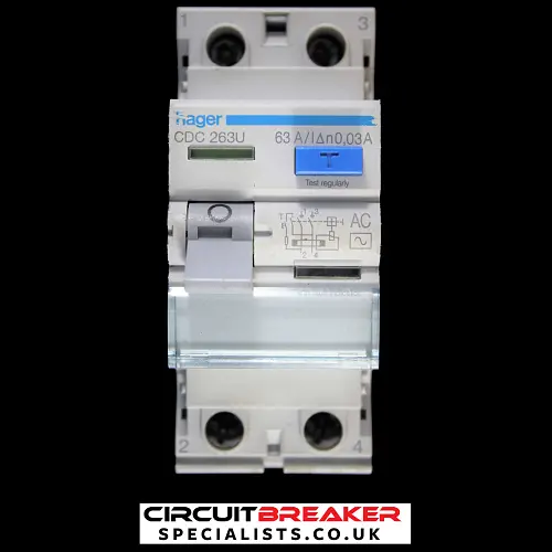 HAGER 63 AMP 30mA DOUBLE POLE RCD TYPE AC CDC263U 161498